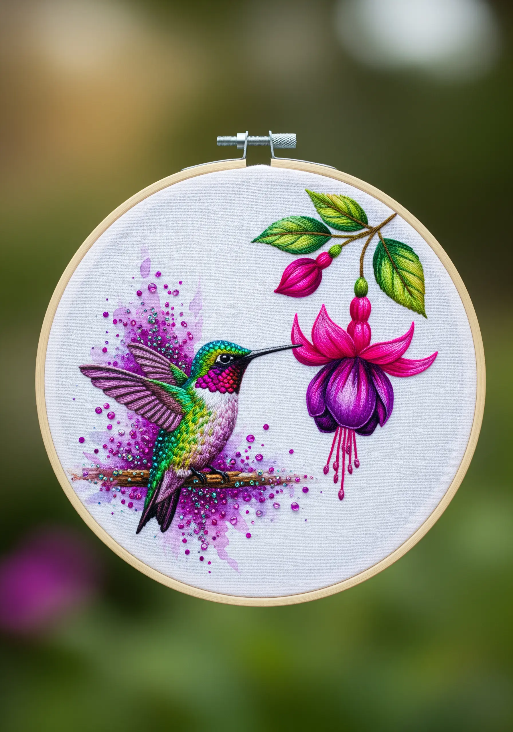 An embroidered hummingbird and fuchsia flower with a watercolor splatter background.