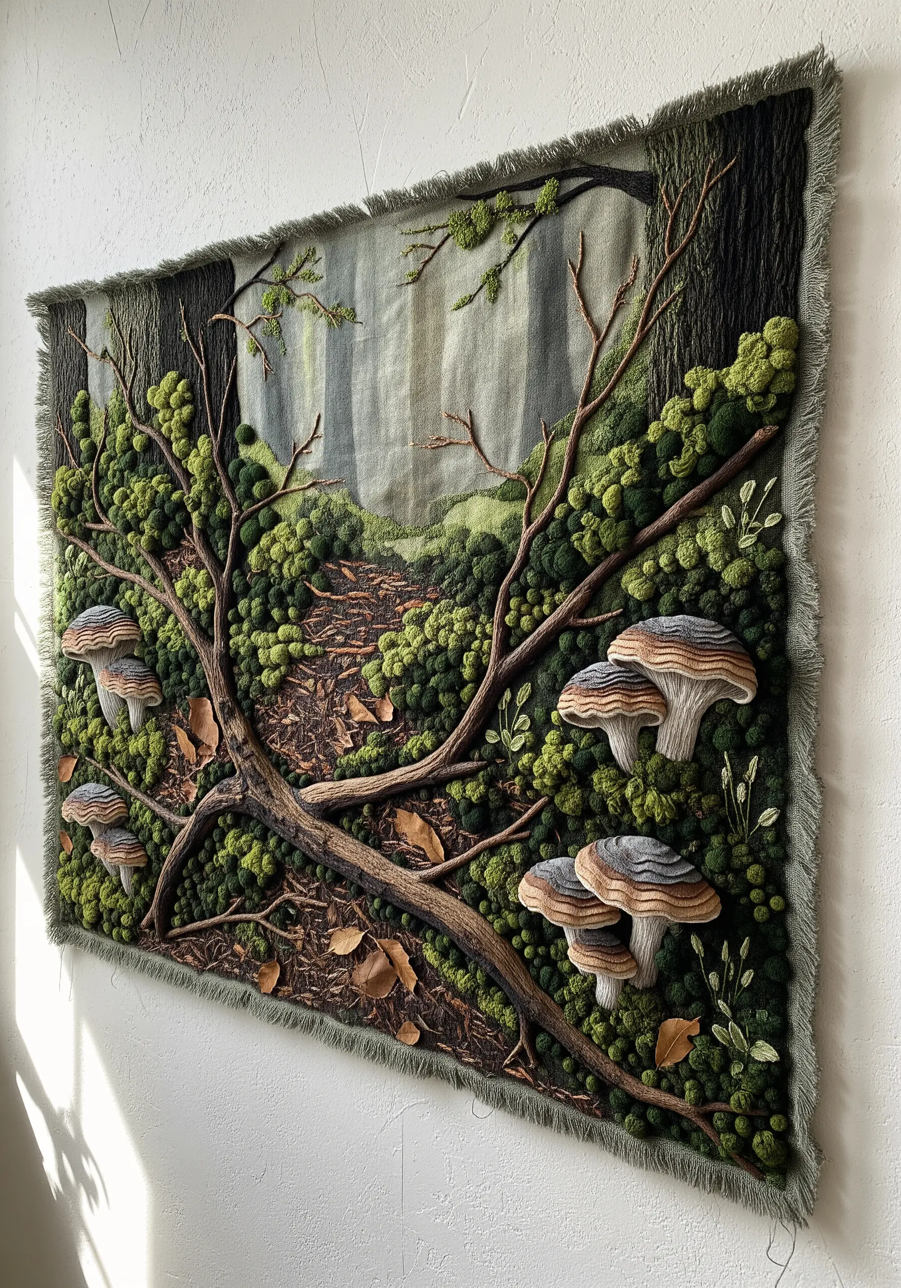 Large embroidered wall tapestry of a forest scene with 3D moss and mushrooms.