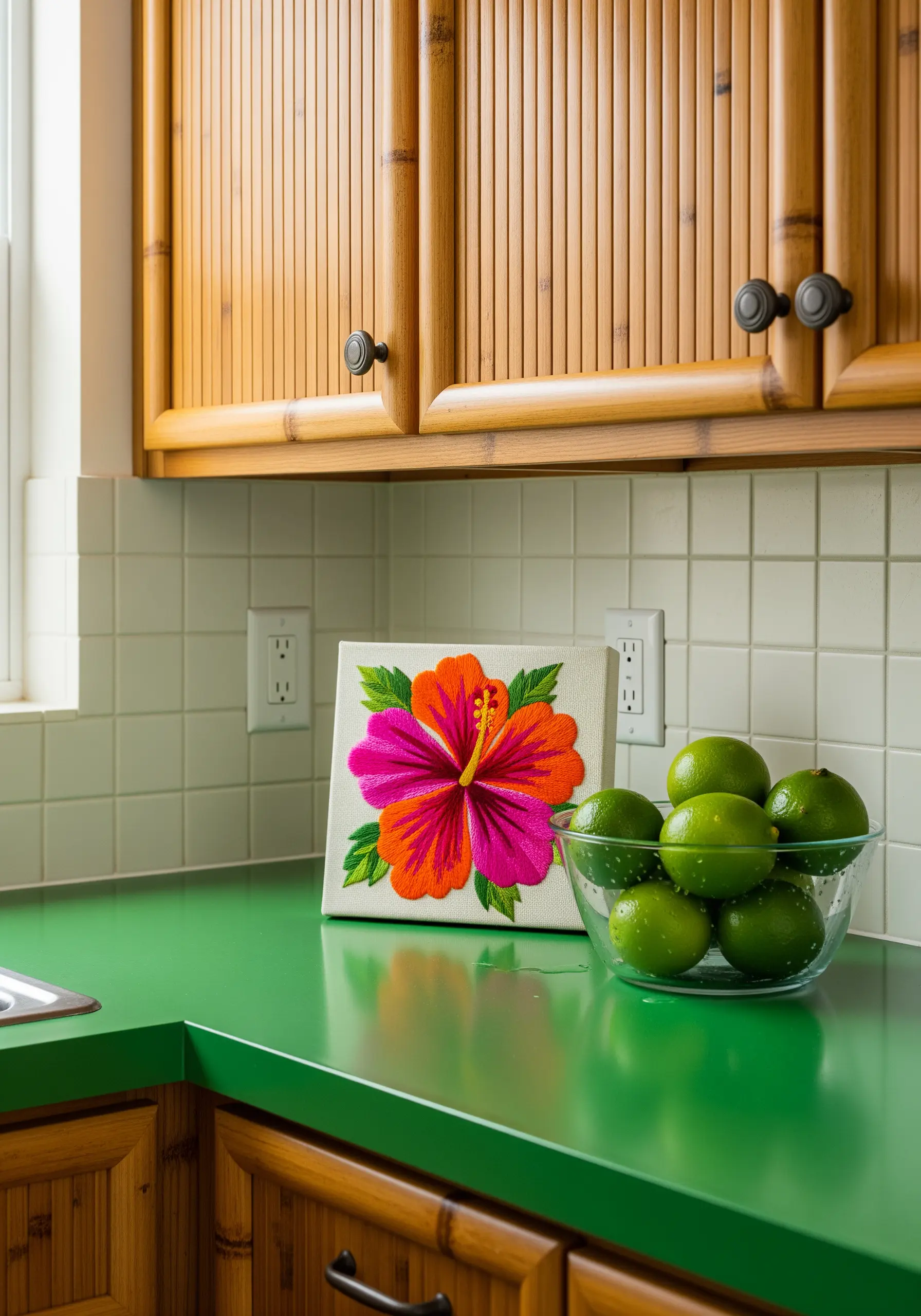 Vibrant hibiscus flower embroidery with color gradients on a stretched canvas.