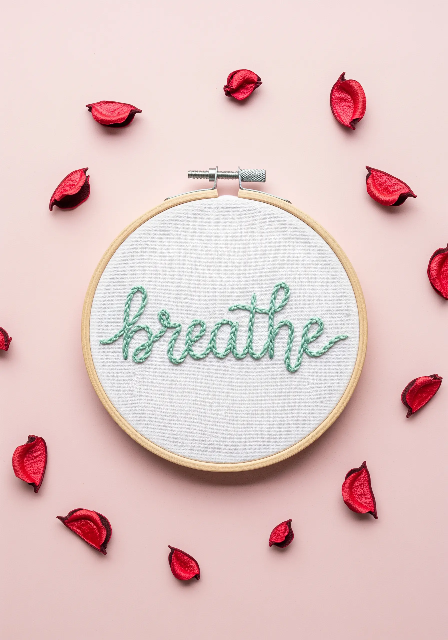 Flowing script embroidery using a continuous green chain stitch