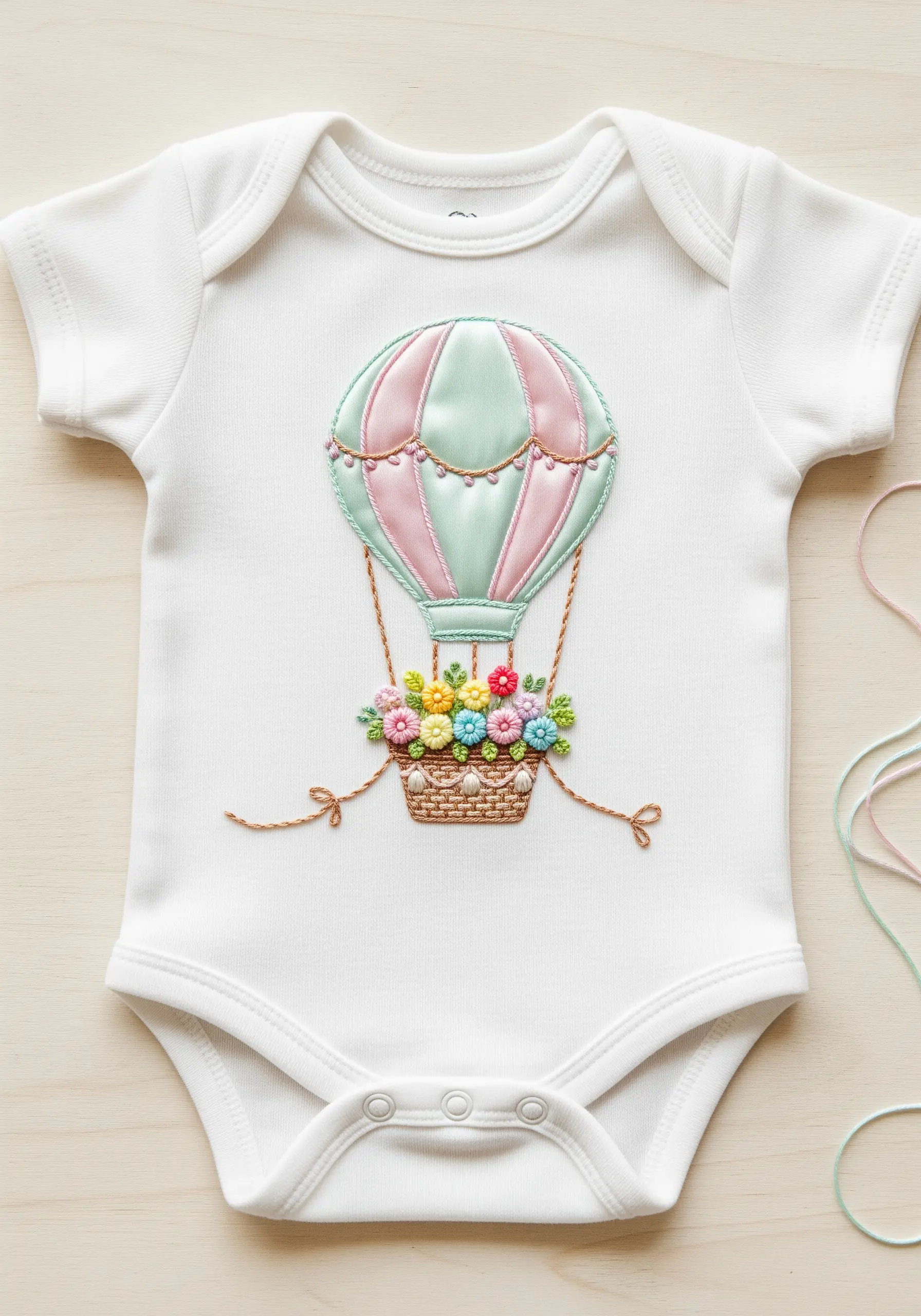 Appliqué and satin stitch hot air balloon with a floral basket on a baby onesie.