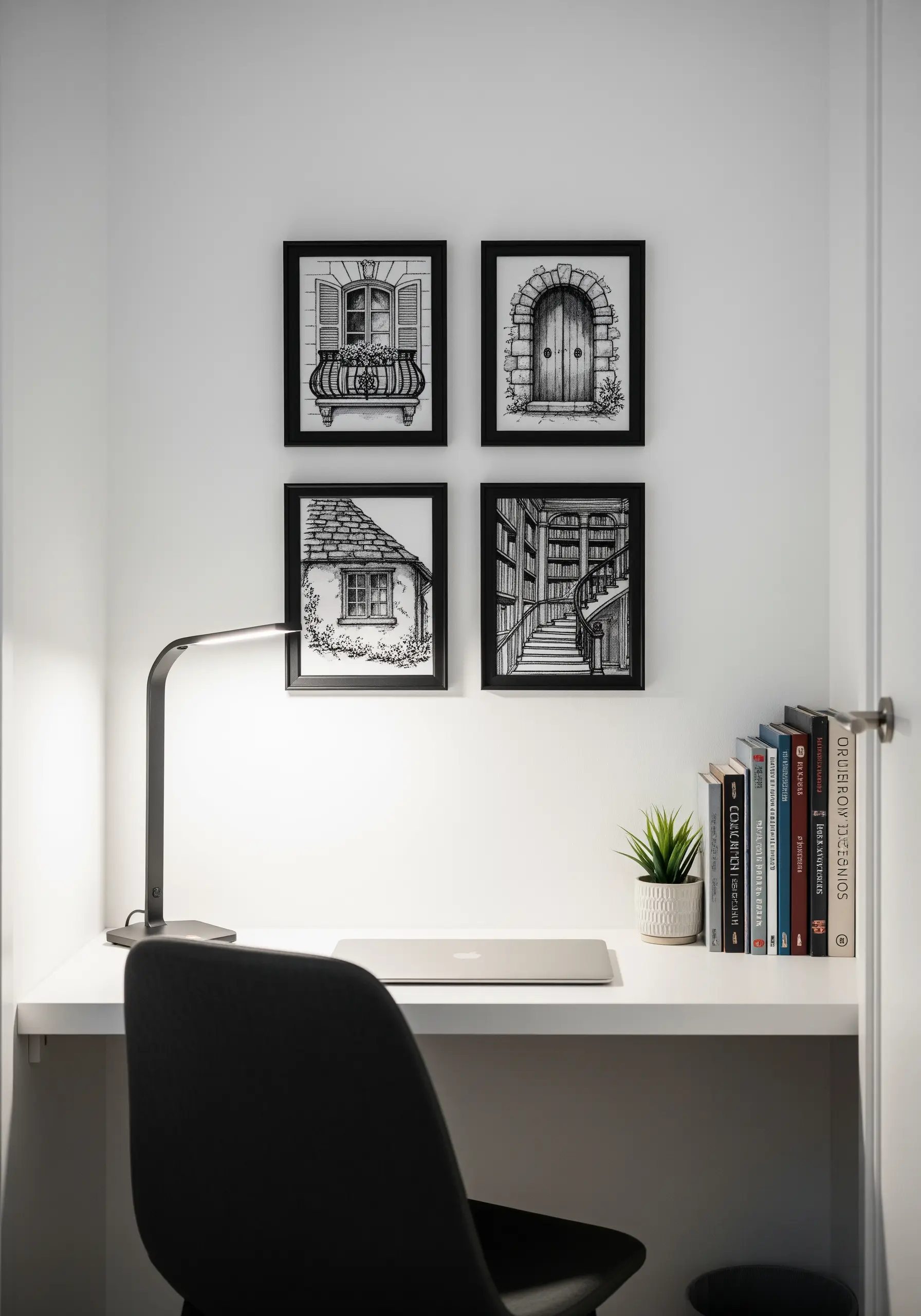 Four framed black-and-white architectural embroidery sketches hanging above a modern desk.