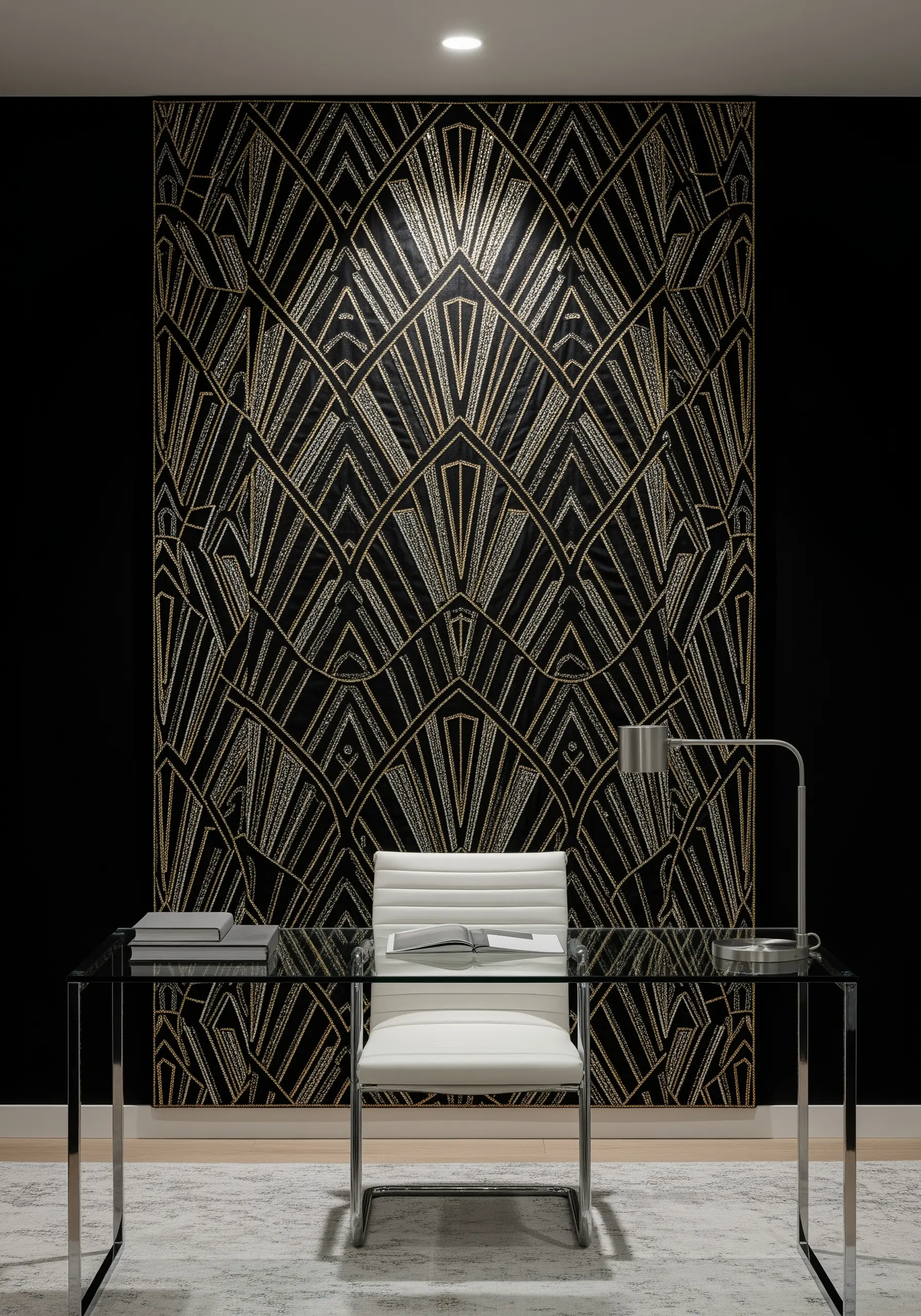 A large Art Deco embroidered wall panel with gold metallic thread on a black background