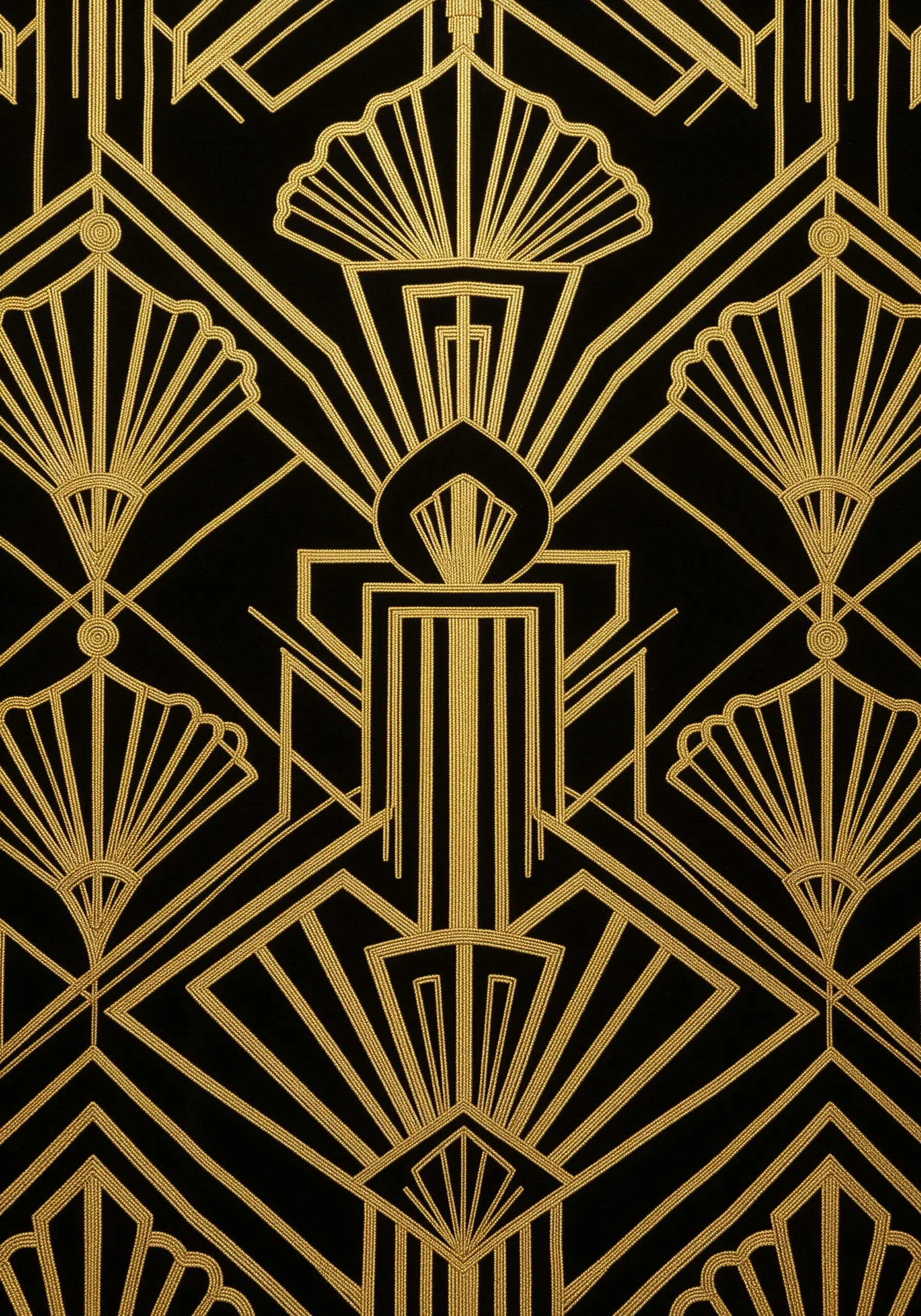 An intricate Art Deco pattern with fans and geometric lines stitched in gold on black fabric.