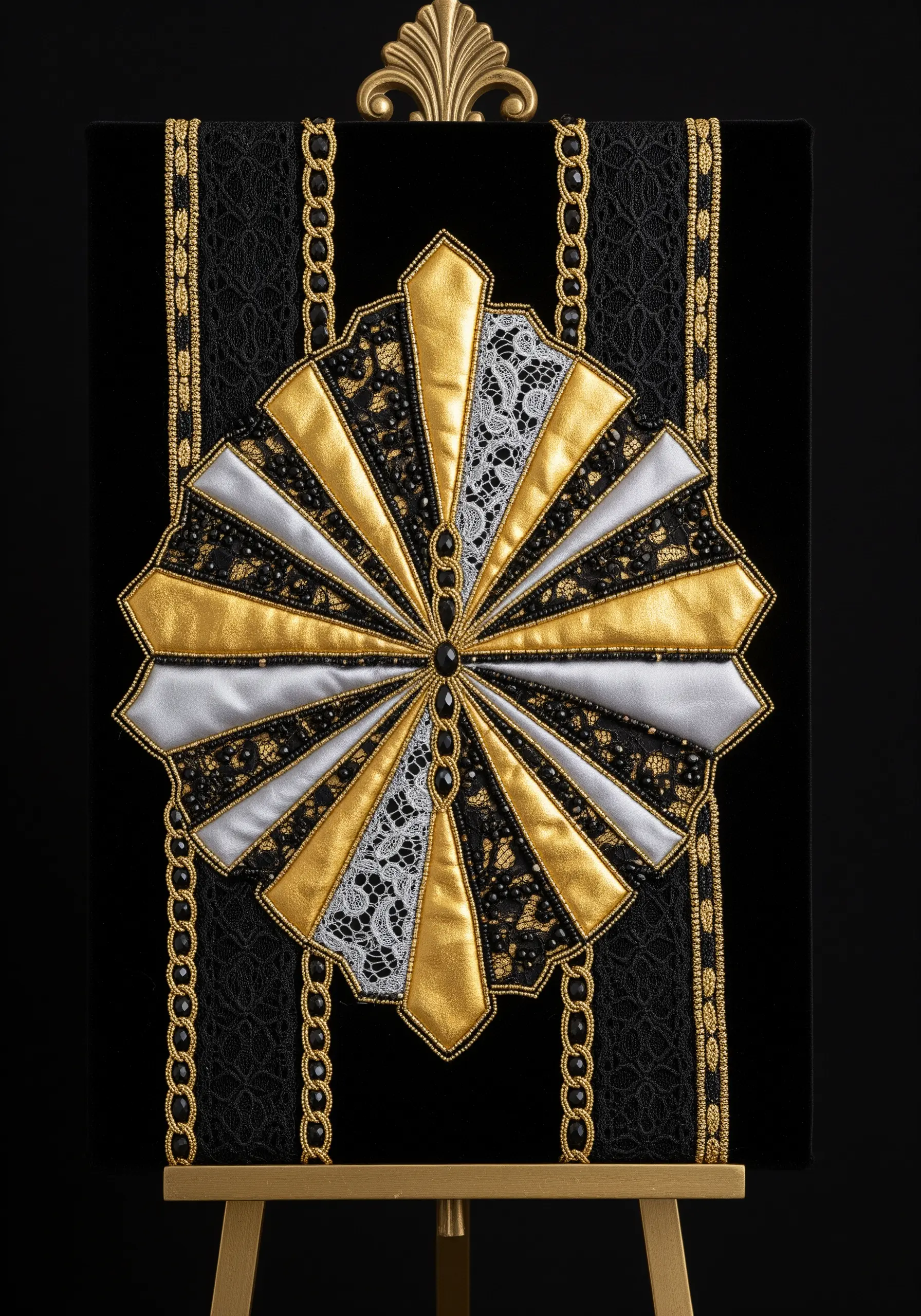 An Art Deco fan design in gold and silver satin with black lace panels on a velvet background.