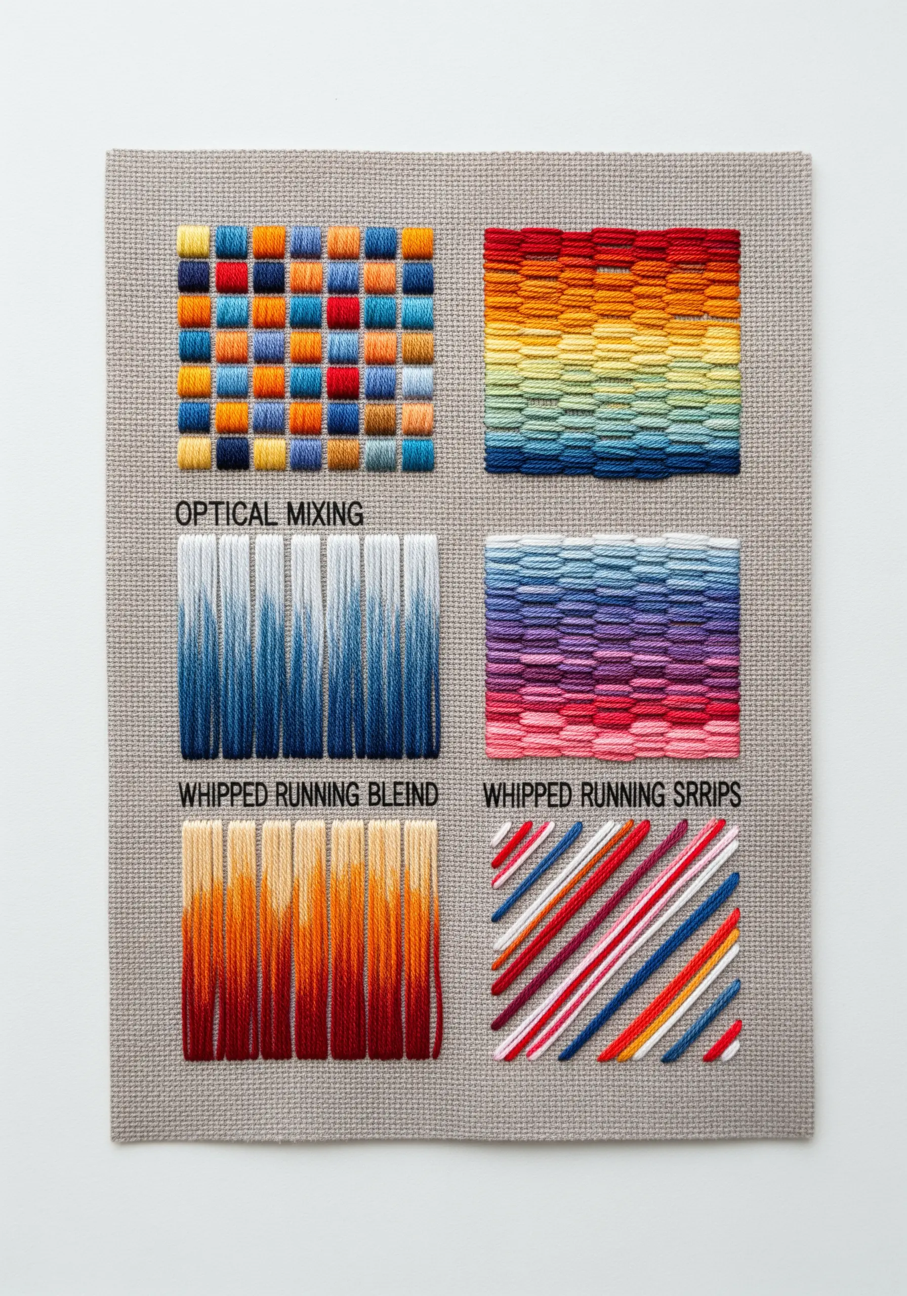 An embroidery sampler showcasing six different color blending techniques with labels.