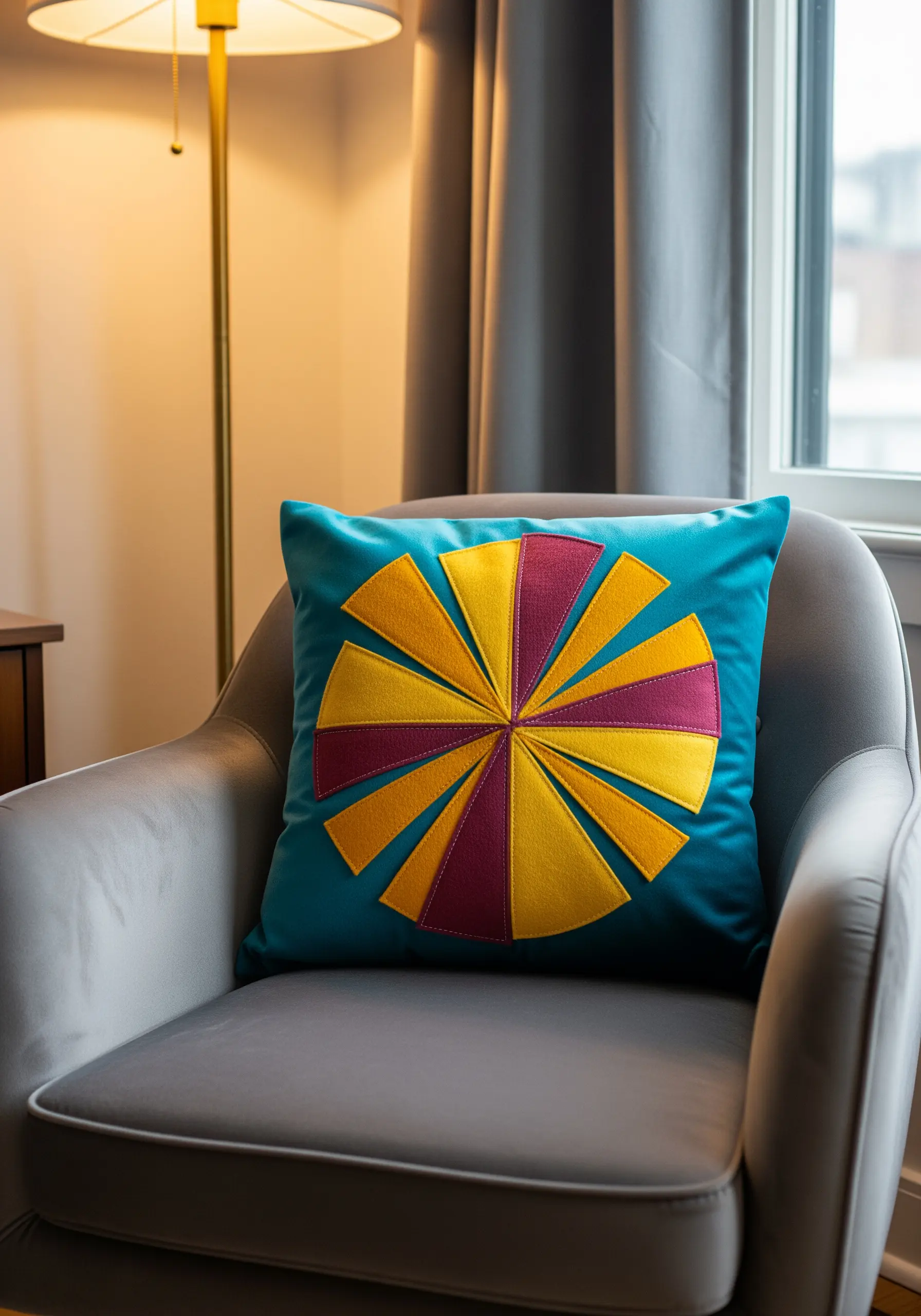 A bold geometric appliqué pillow in teal, yellow, and magenta, sitting in a modern armchair.