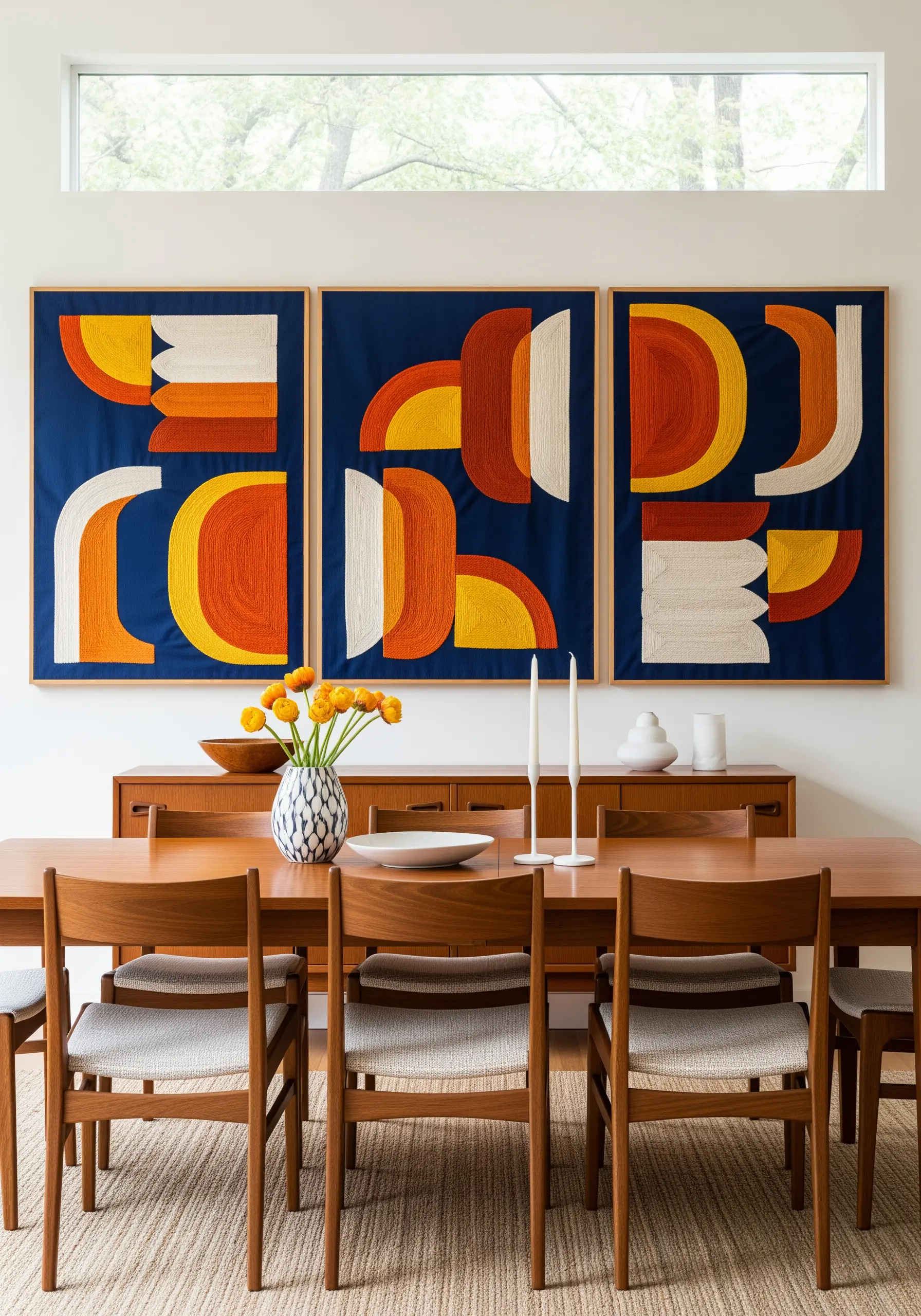 Triptych of abstract geometric embroidery in orange, yellow, and white on navy blue fabric.