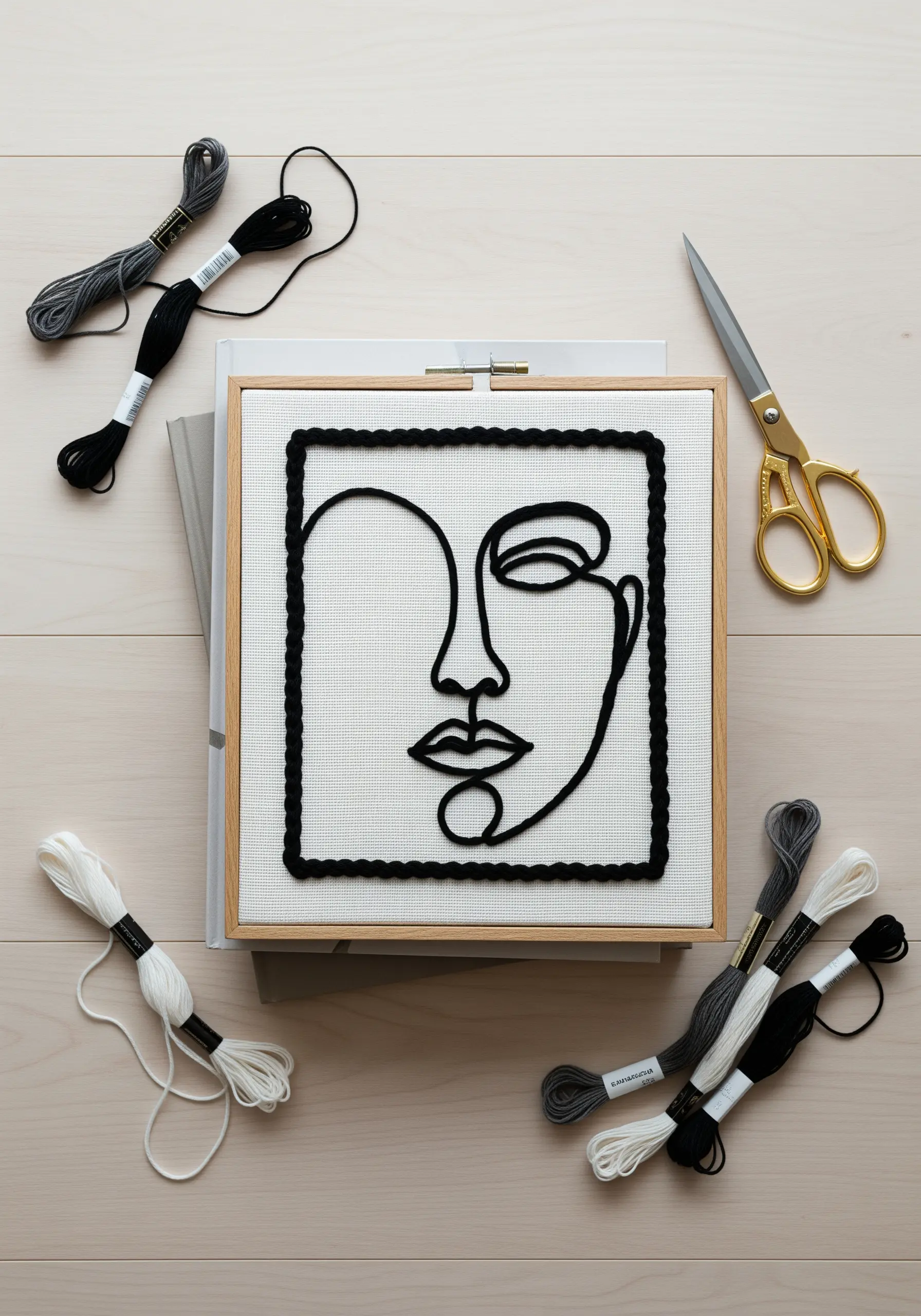 A single-line face profile embroidered with thick black cording on a square canvas.