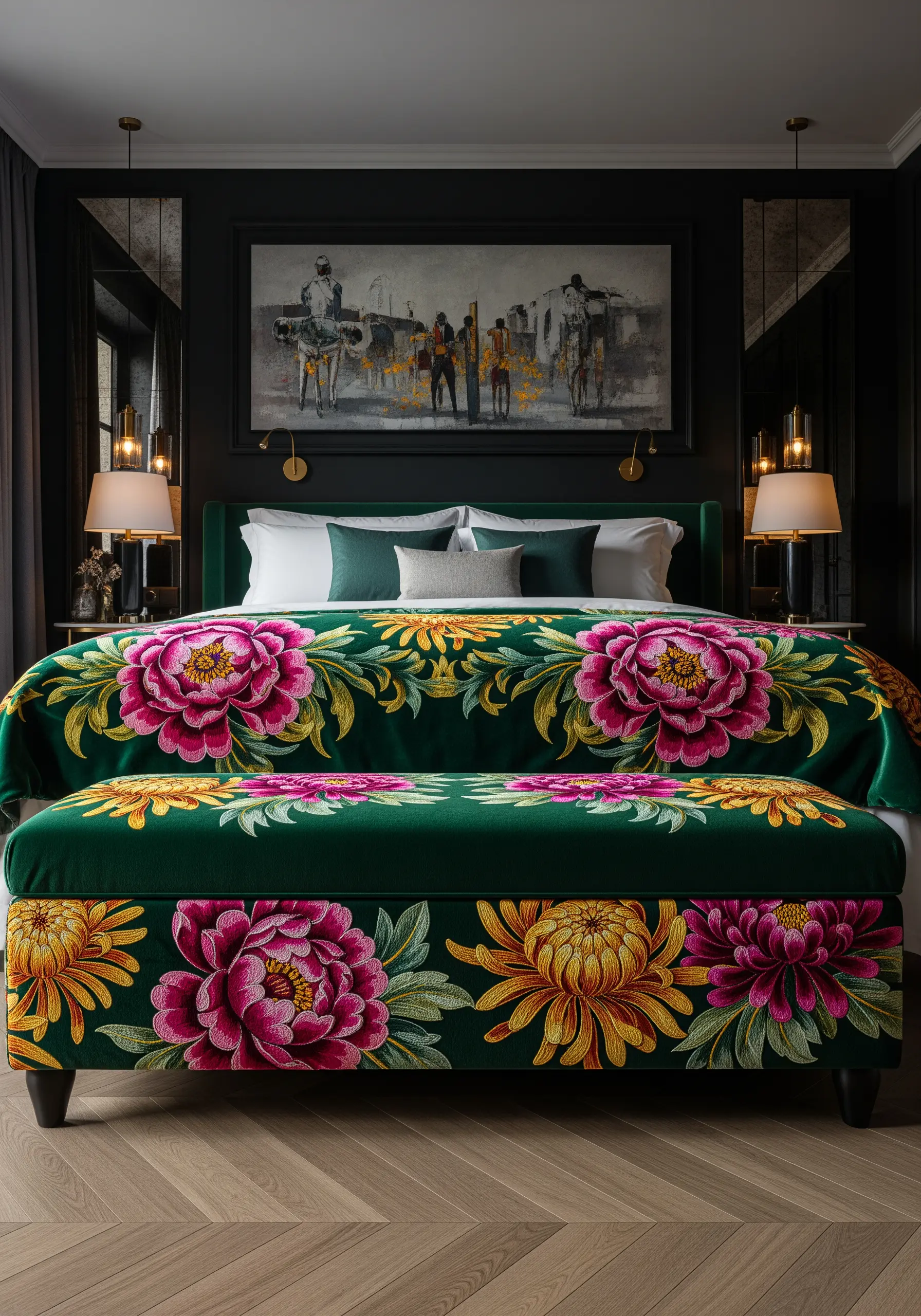 Large, vibrant pink and yellow chrysanthemums embroidered on a dark green velvet bench.