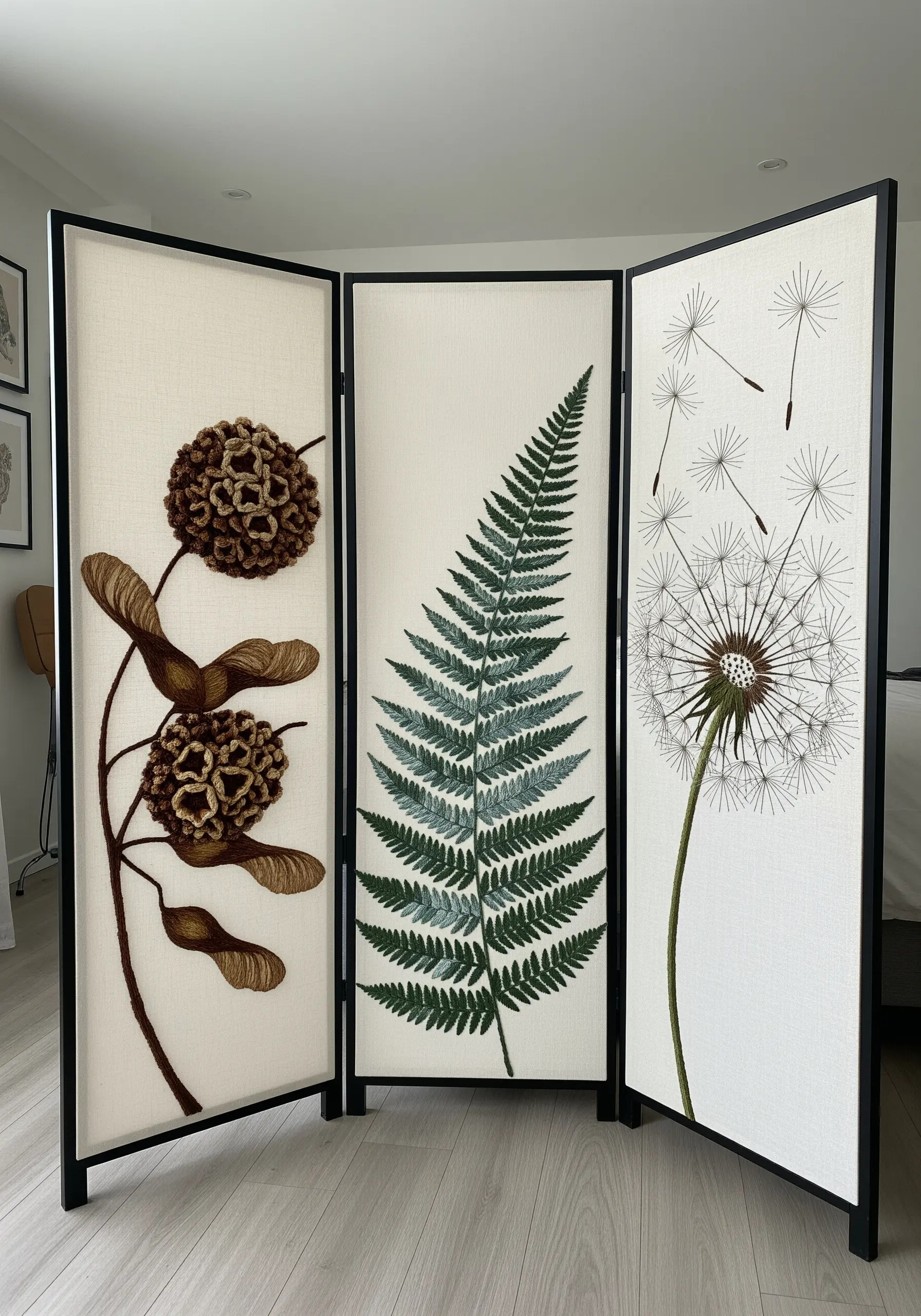 A three-panel screen with hyper-realistic embroidered botanicals, including a fern and a dandelion.