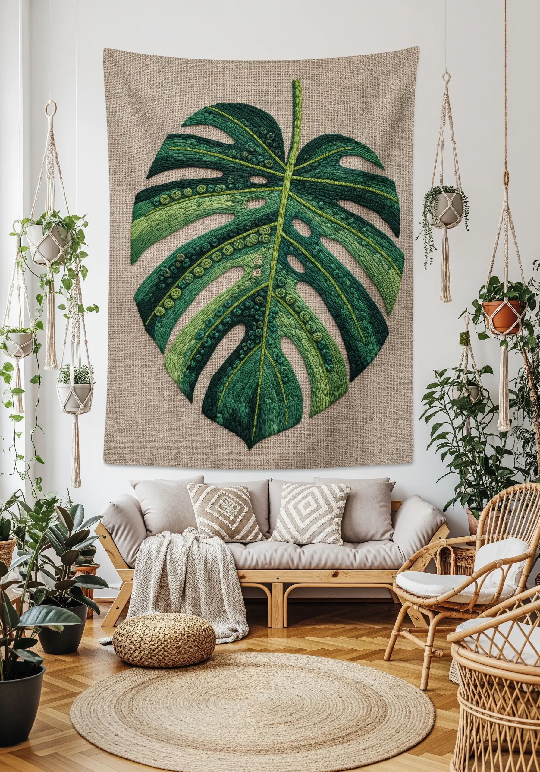 A large, realistic embroidered monstera leaf with detailed thread painting and water droplets.