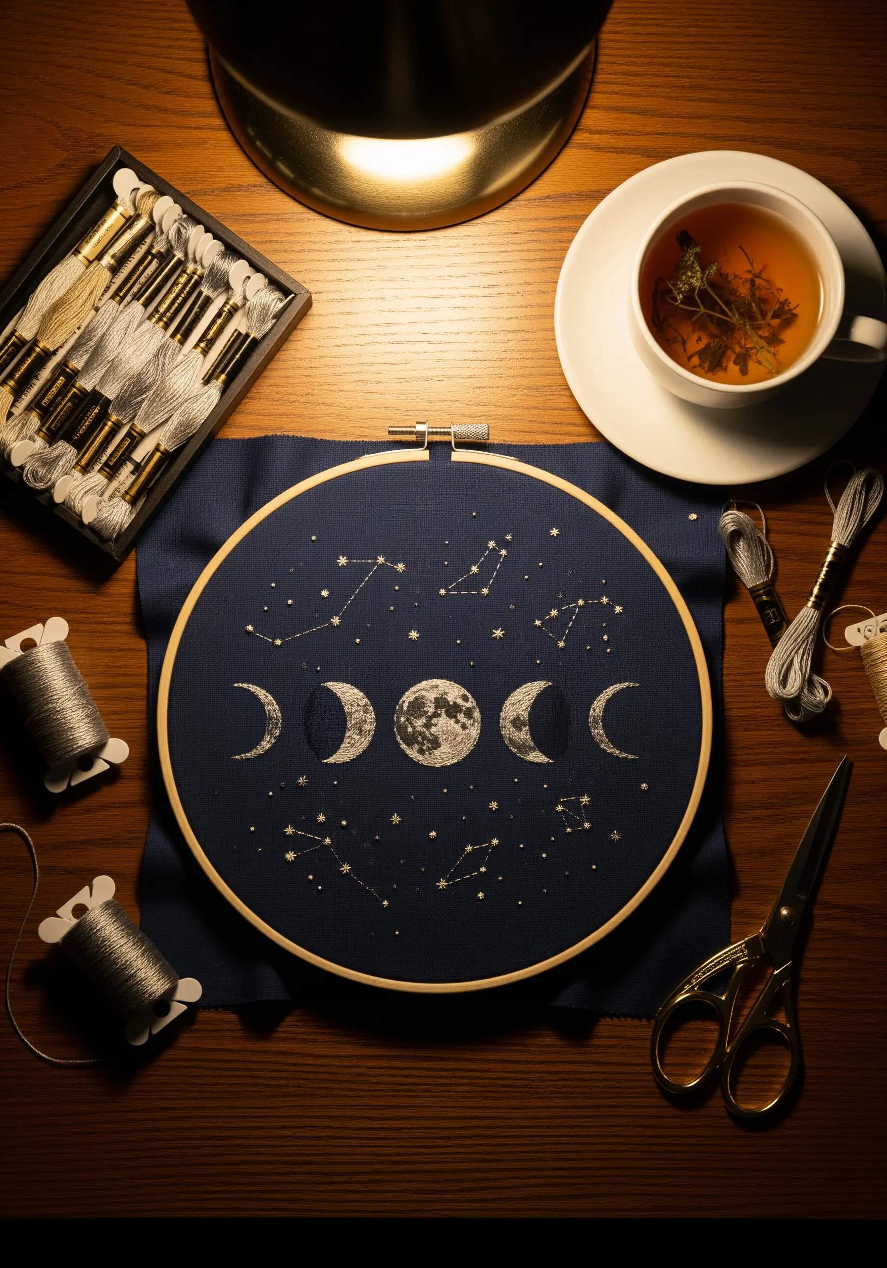Embroidery of moon phases and constellations stitched in silver thread on dark navy fabric.