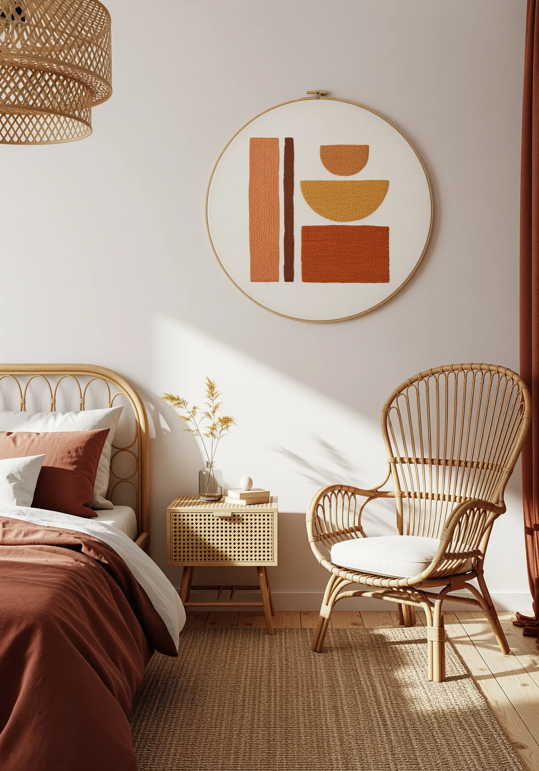 Large embroidery hoop with abstract color-blocked shapes in terracotta, orange, and brown.