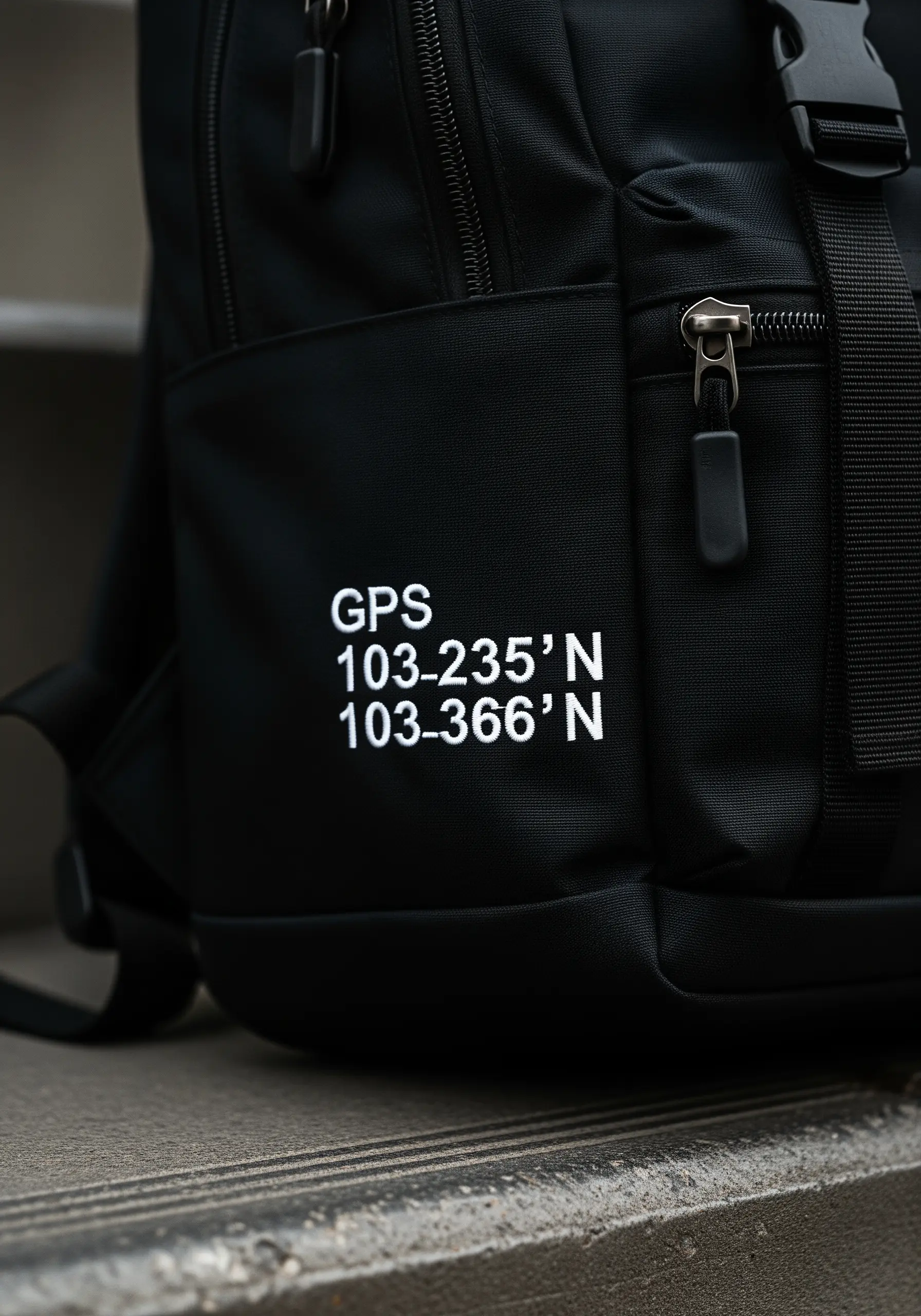 Crisp white embroidered GPS coordinates on the front pocket of a black technical backpack.