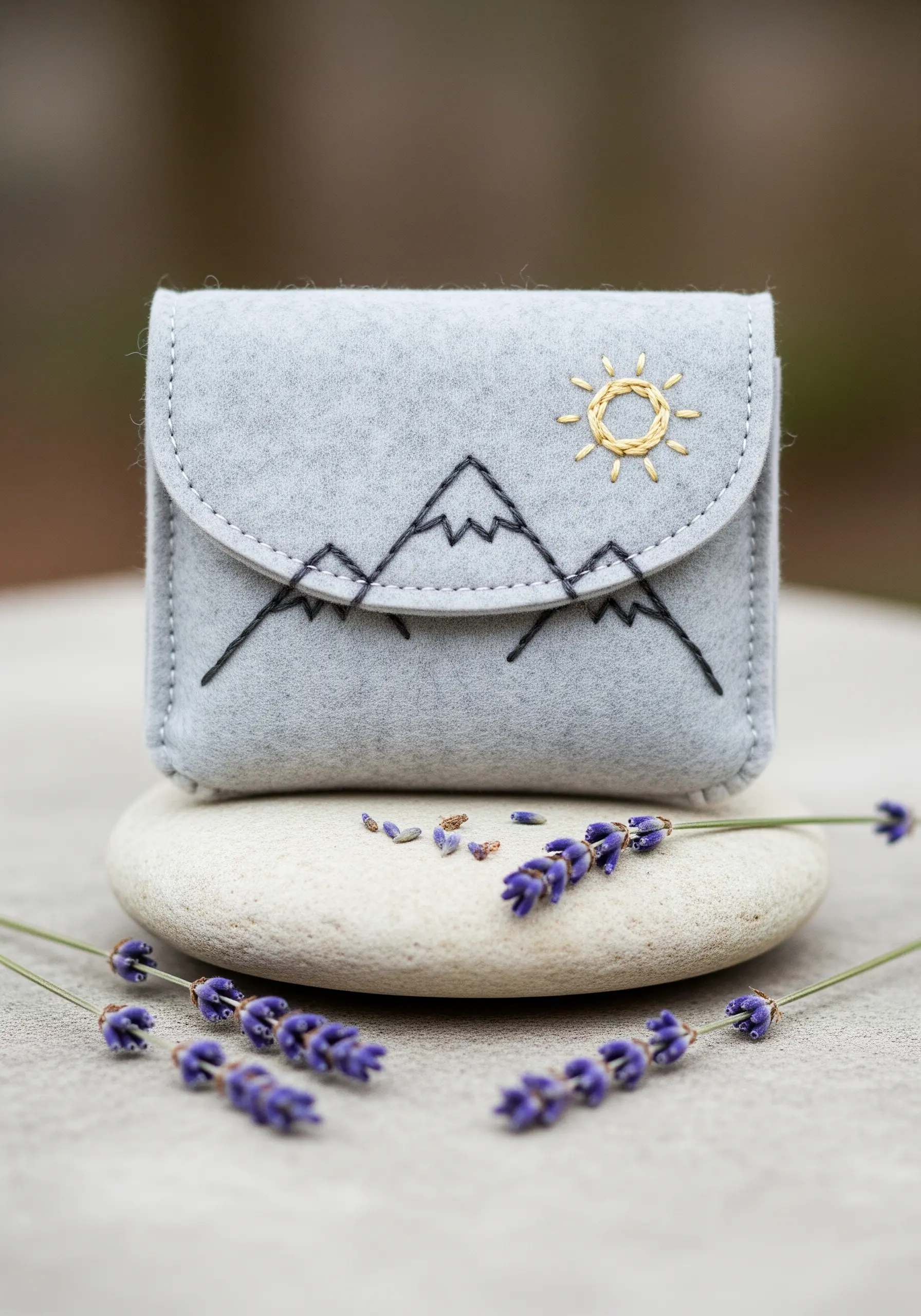 A gray felt pouch embellished with a simple black outline of mountains and a golden sun.