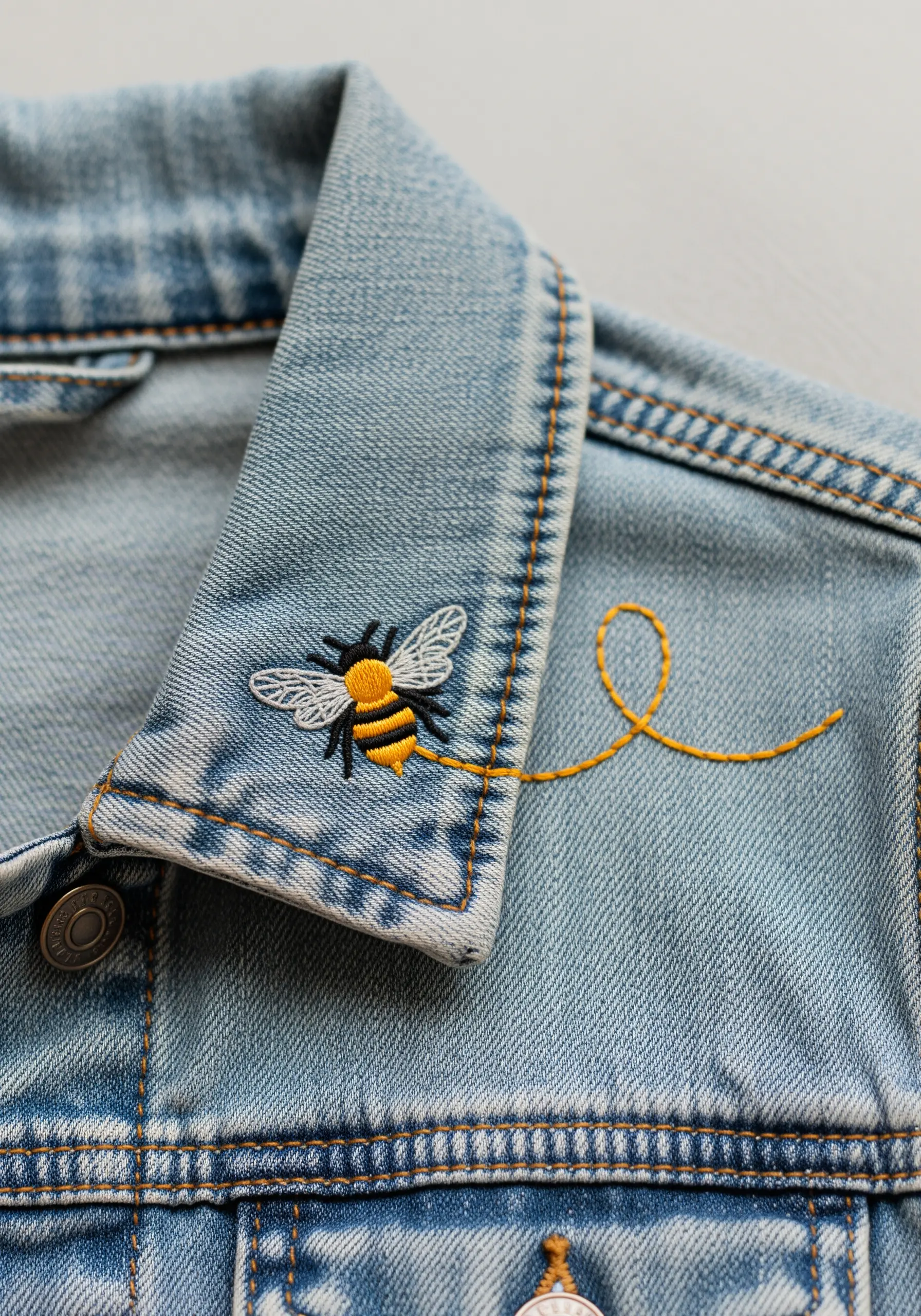 A small embroidered bee on the collar of a denim jacket with a yellow flight trail.