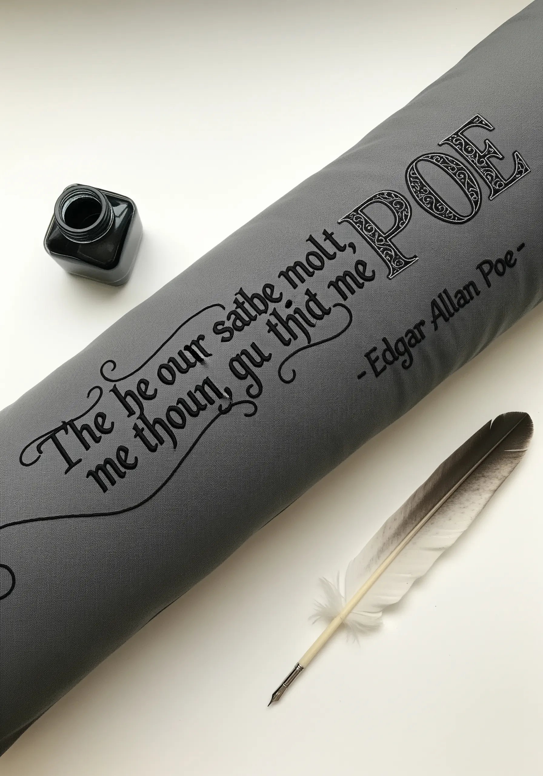 An Edgar Allan Poe quote embroidered in a gothic black font on a long grey cushion.