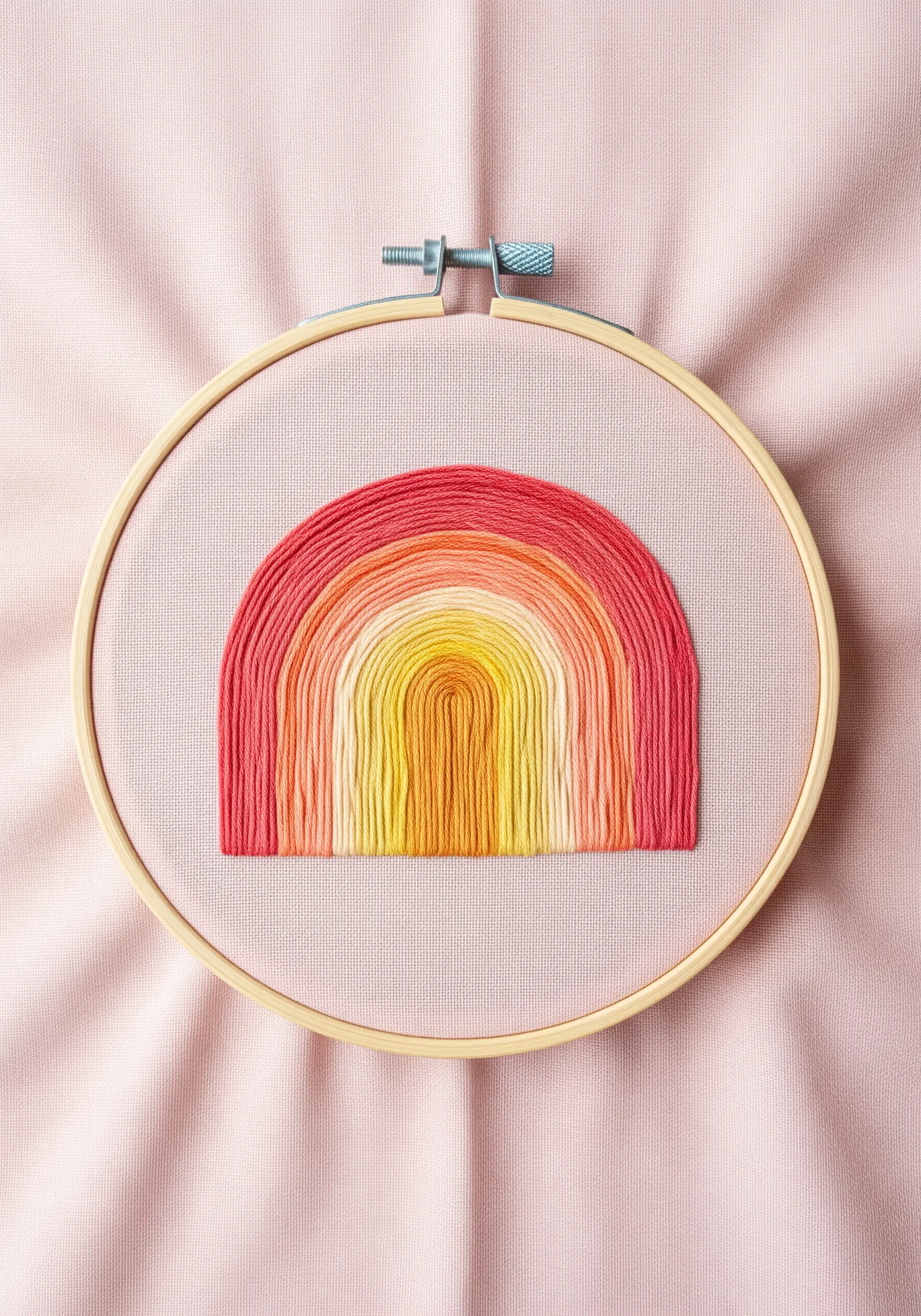 A semi-circular rainbow embroidered with warm-toned satin stitches.