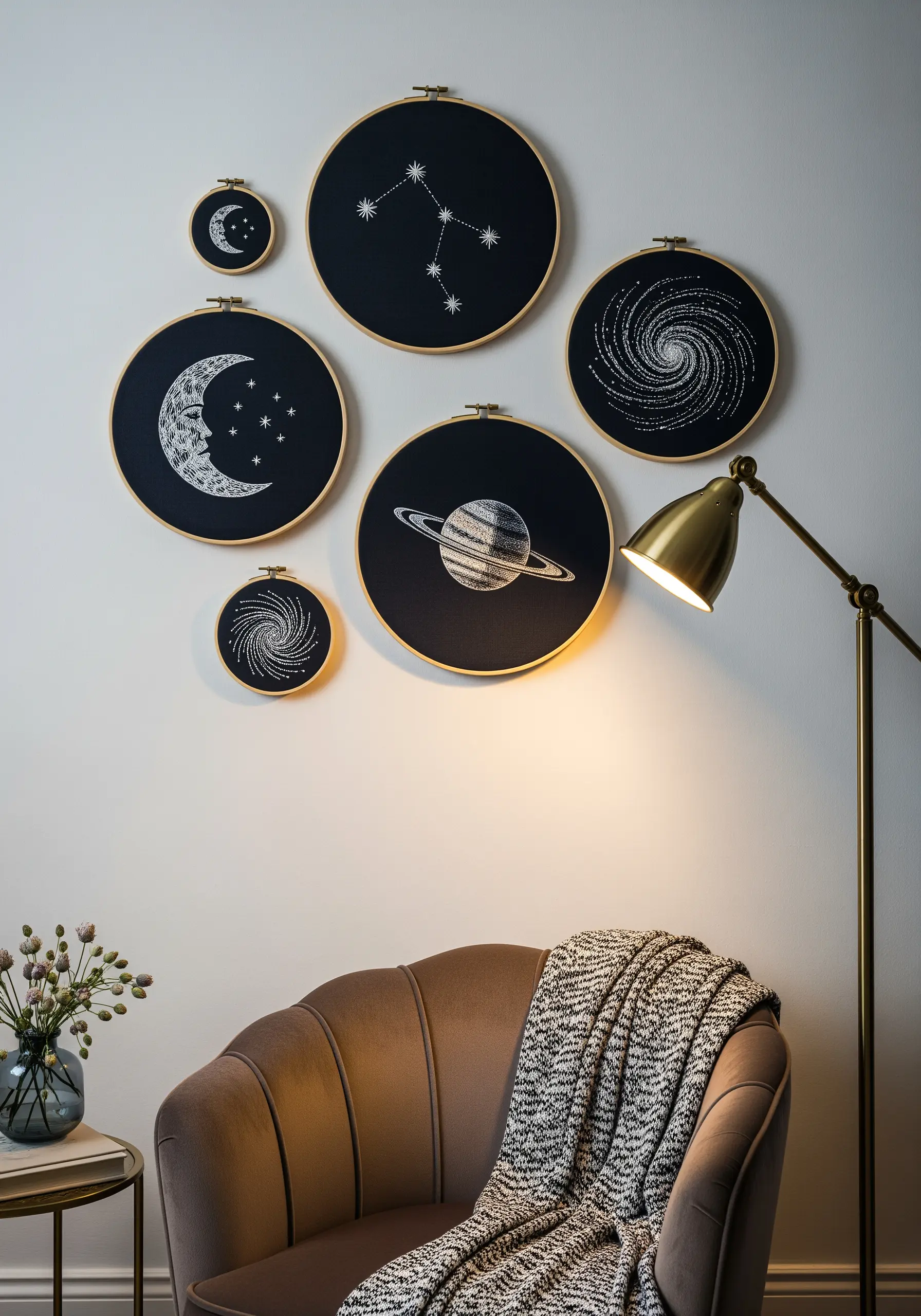 A gallery wall of celestial embroidery hoops on a dark wall, showing moons and constellations.