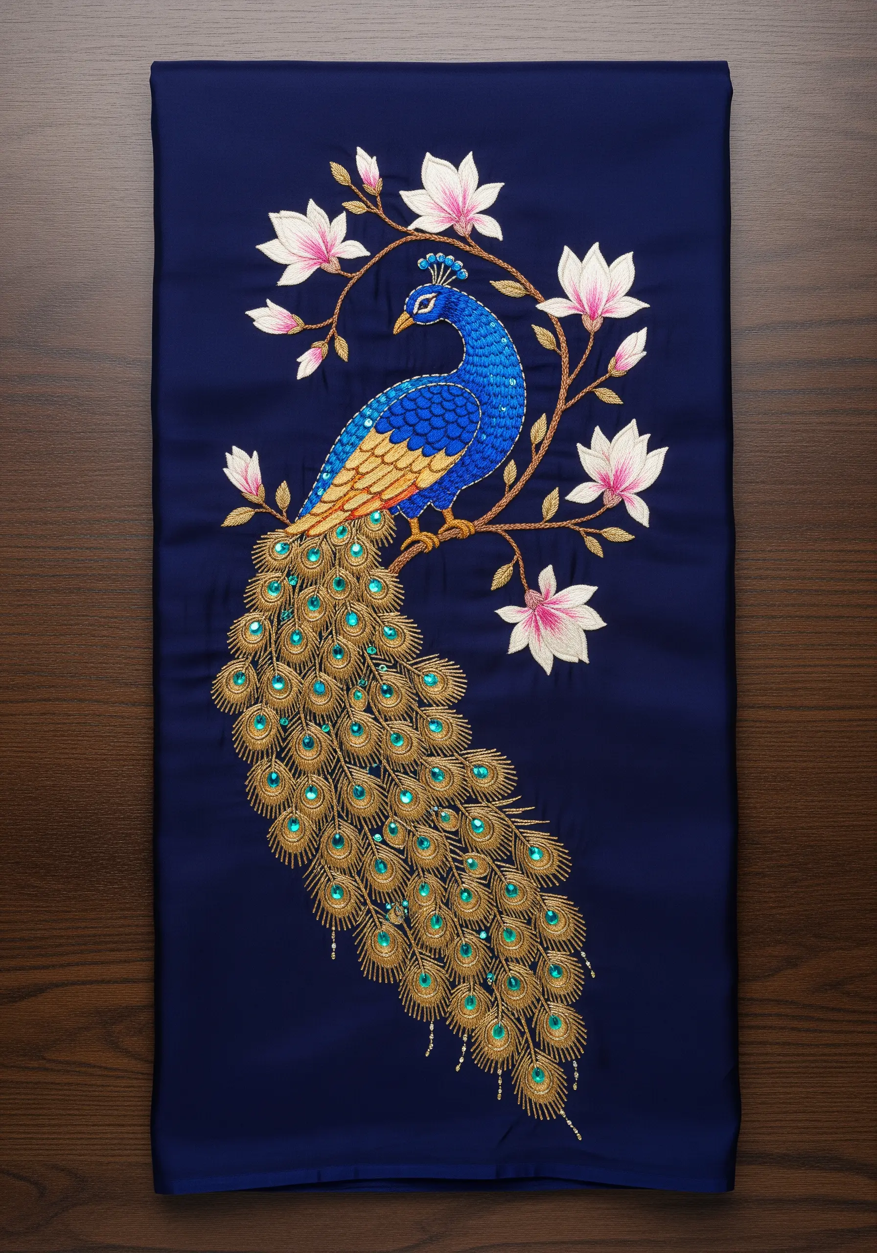 Embroidered peacock with gold thread and teal sequins on a navy blue fabric.