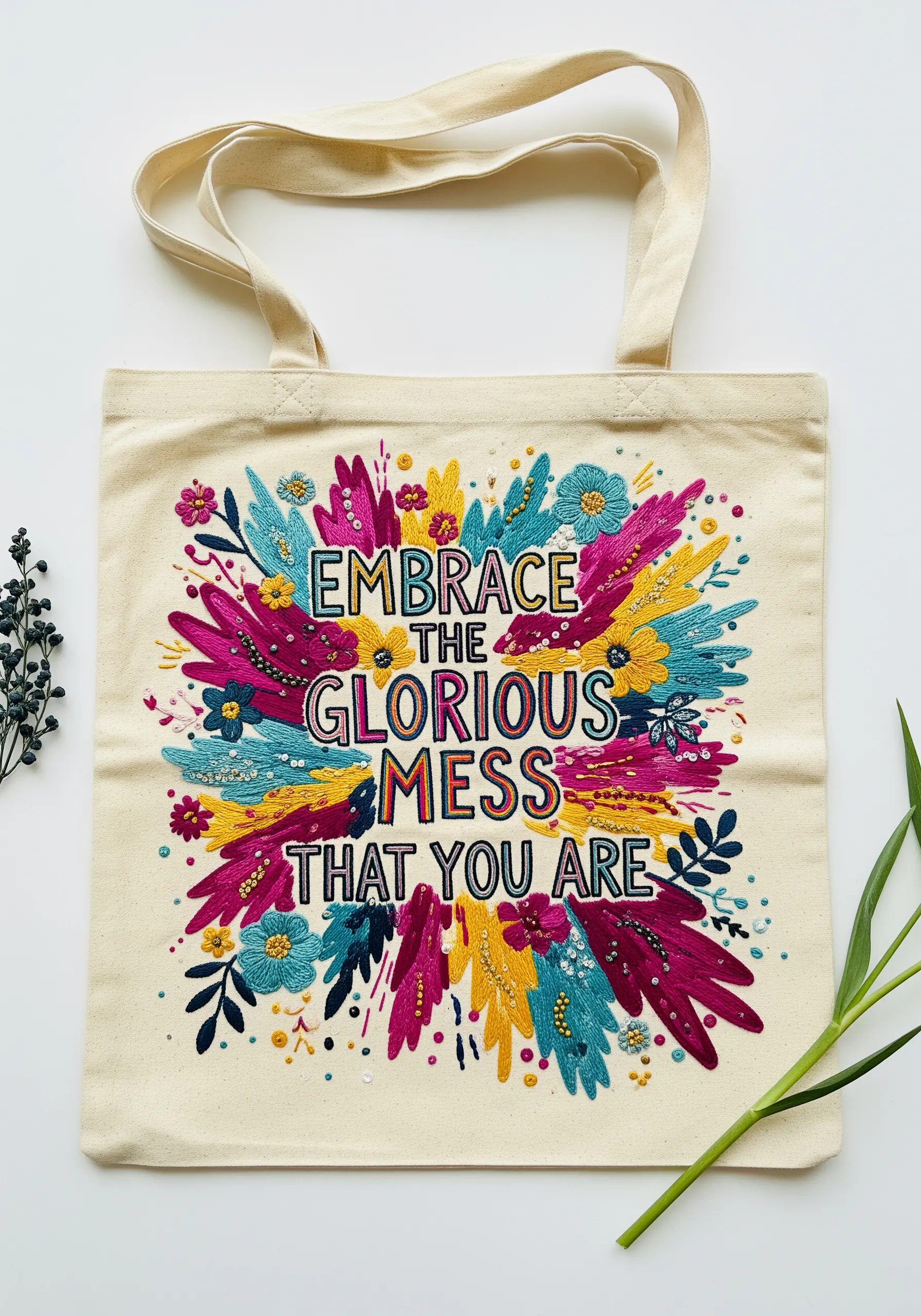 Colorful, explosive embroidery with the quote 'Embrace The Glorious Mess That You Are' in the center.