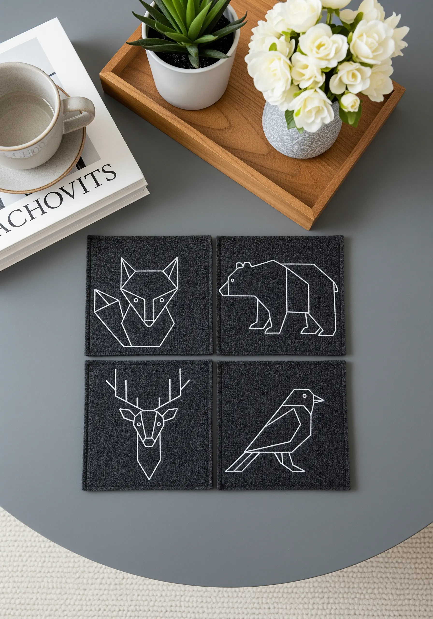 Four coasters with geometric line art animals: a fox, bear, deer, and bird.