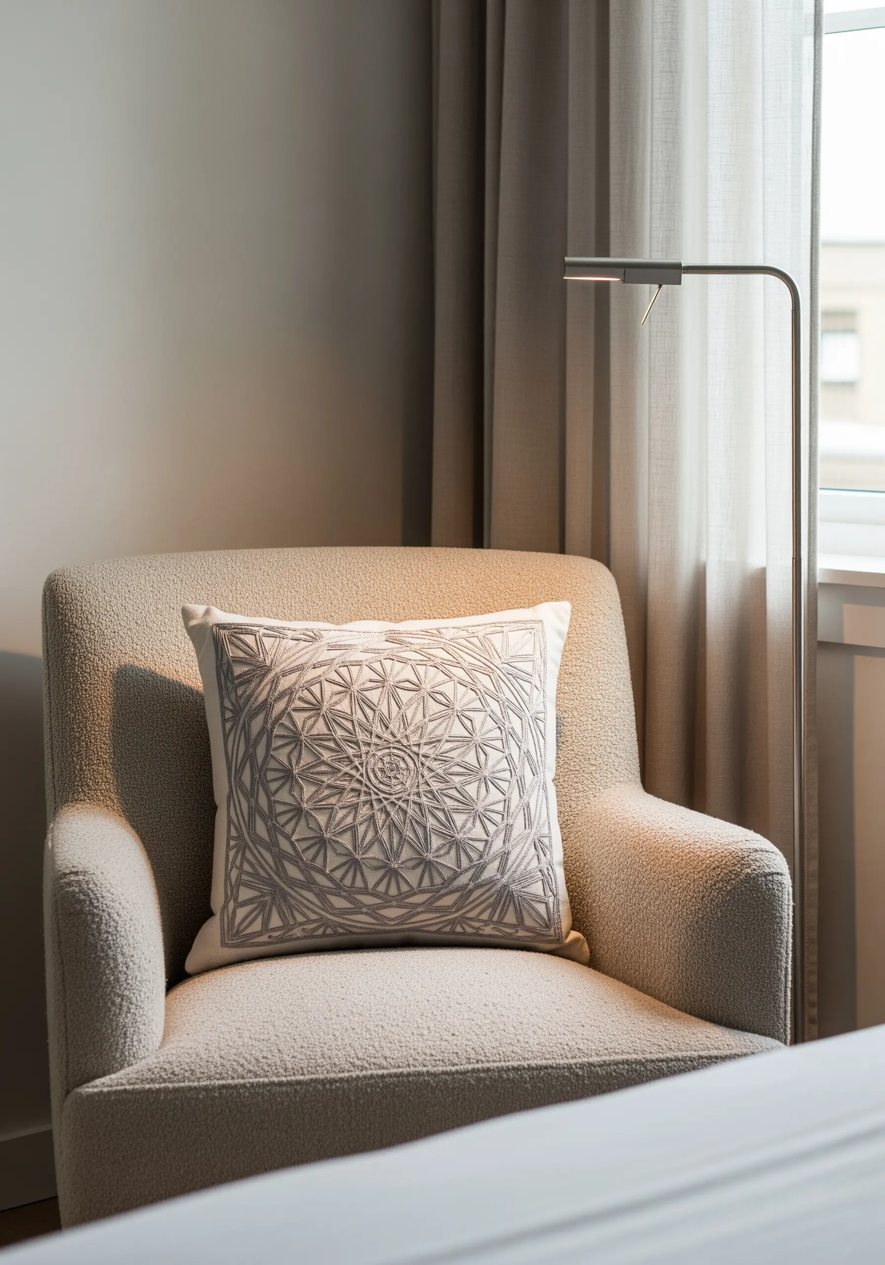 Gray geometric mandala embroidered on a cream textured pillow.