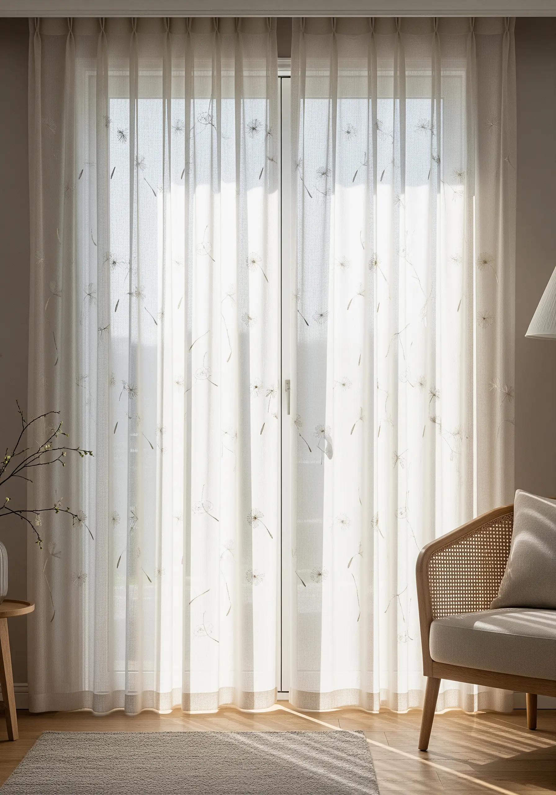 Sheer white curtains with delicate, sparsely embroidered dandelion seeds catching the light.