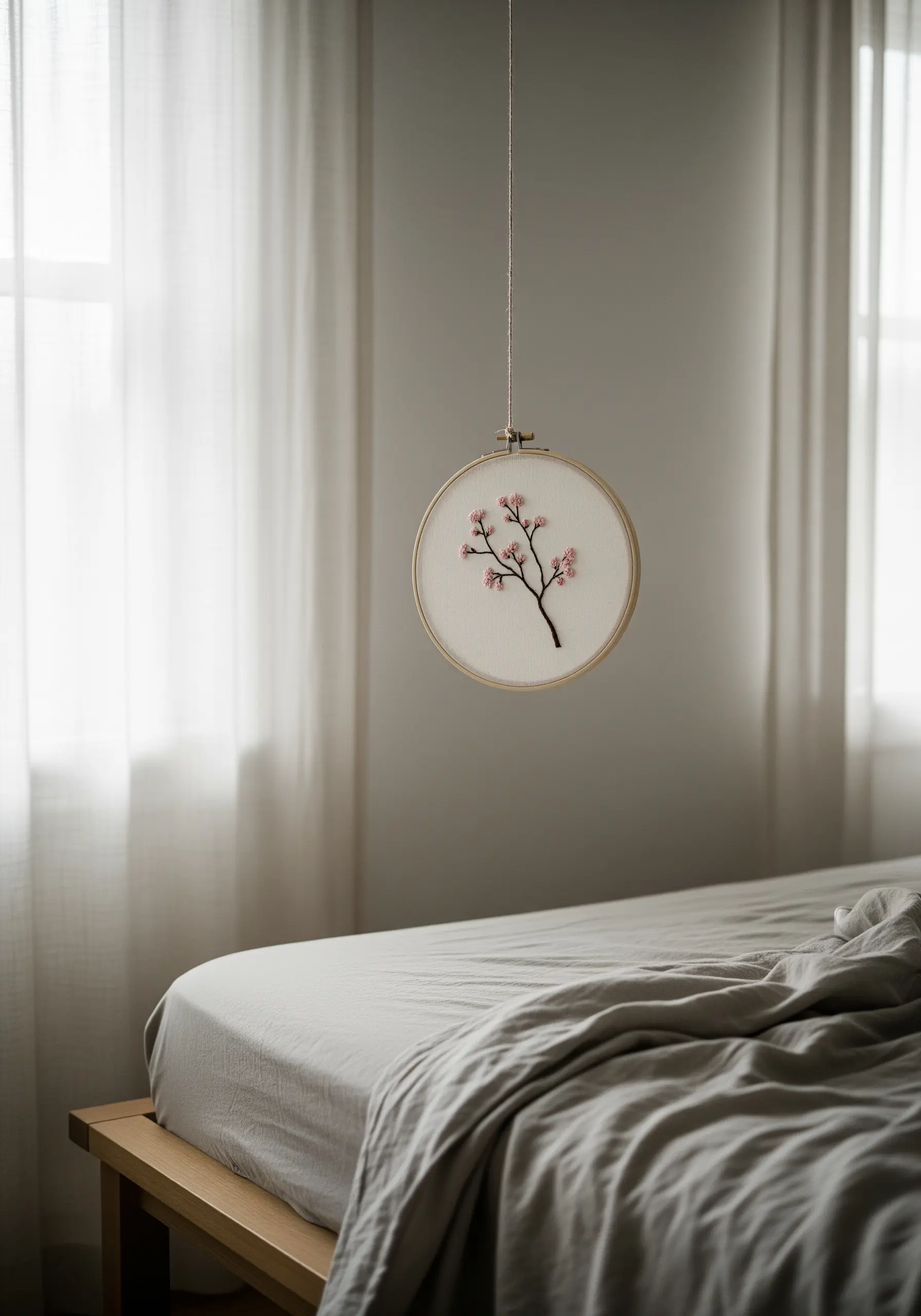 A minimalist embroidery of a cherry blossom branch hanging in a serene bedroom.