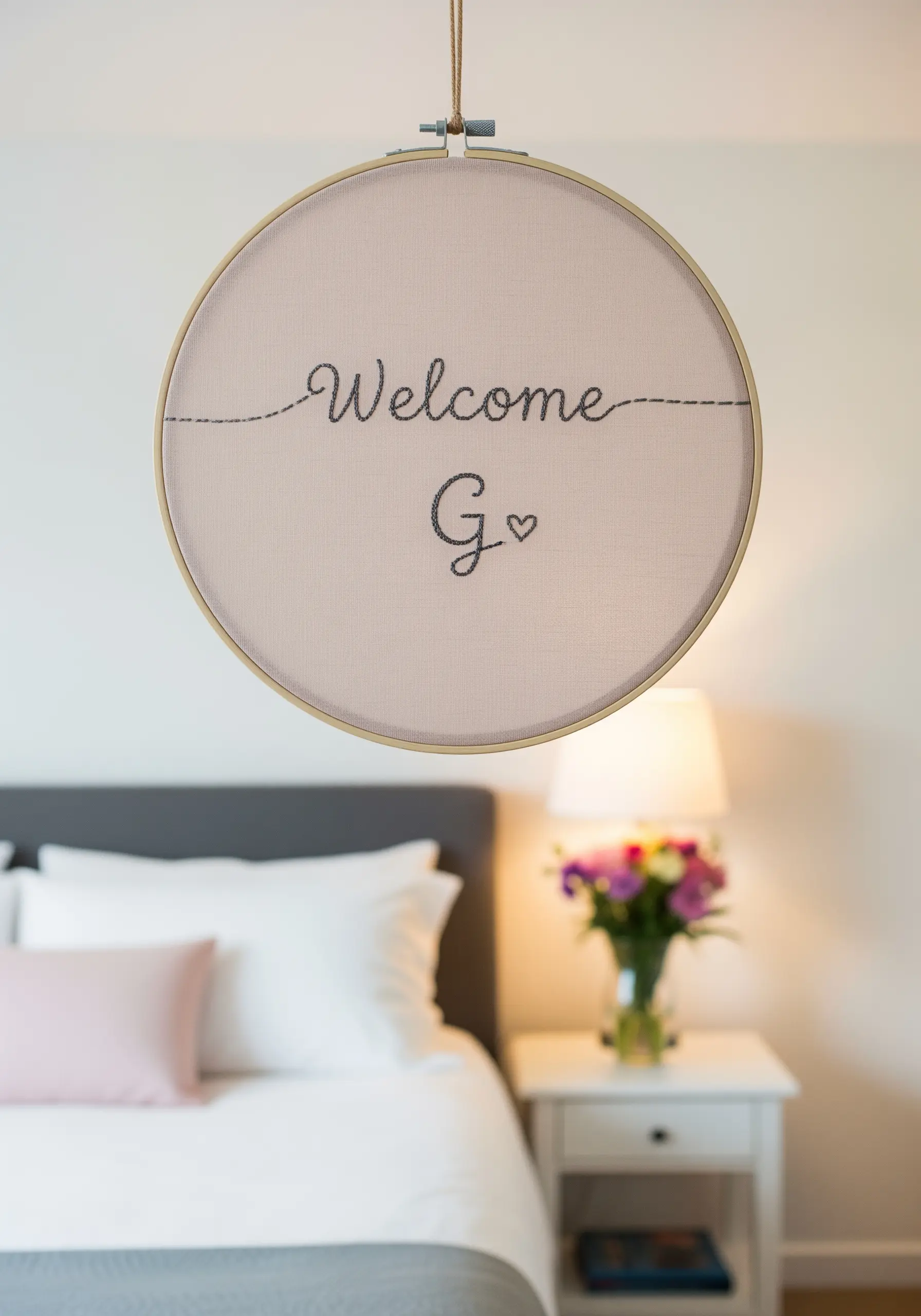 Minimalist welcome message embroidered in a fine, cursive script.