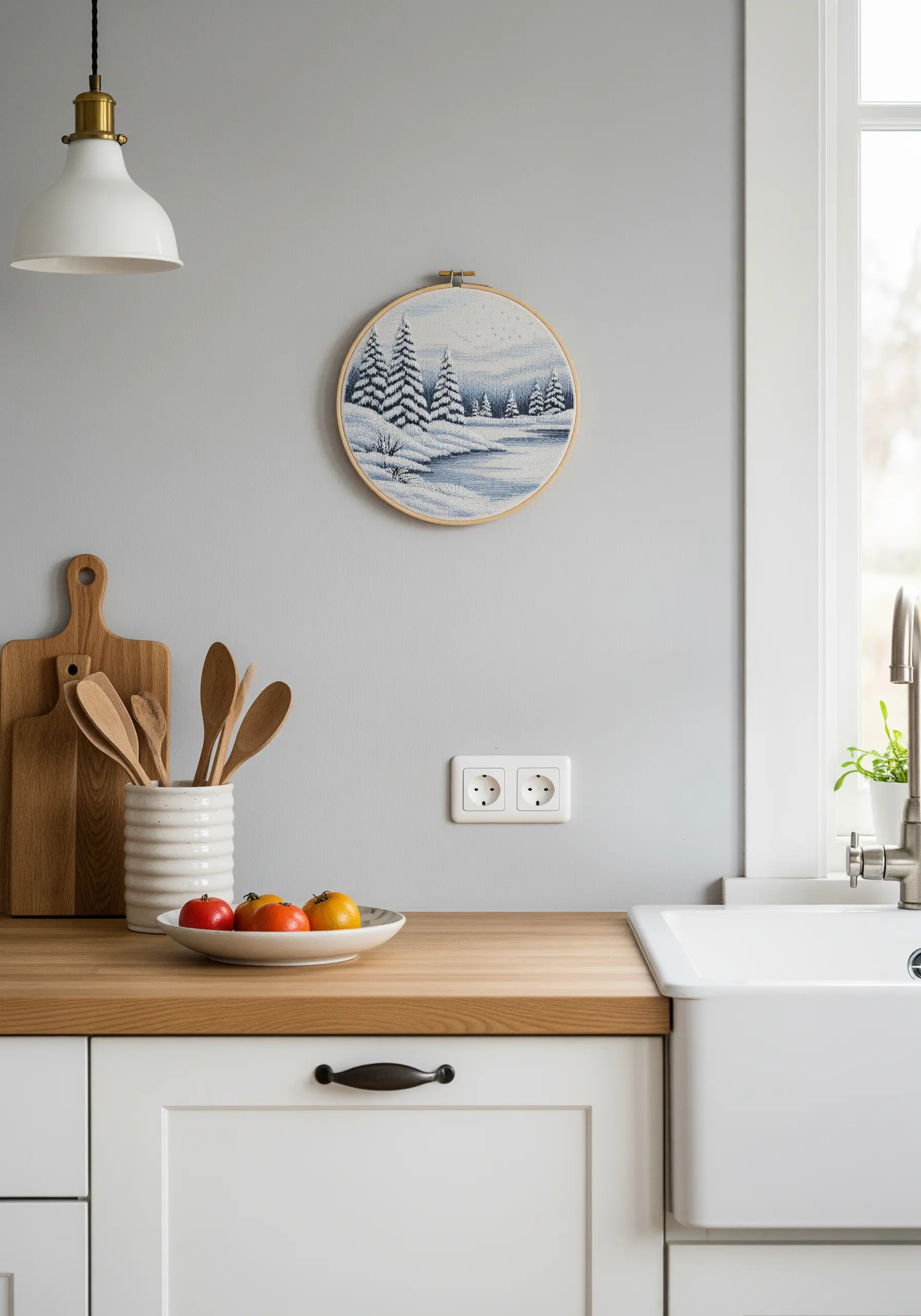 A single embroidery hoop with a monochromatic blue and white winter landscape.