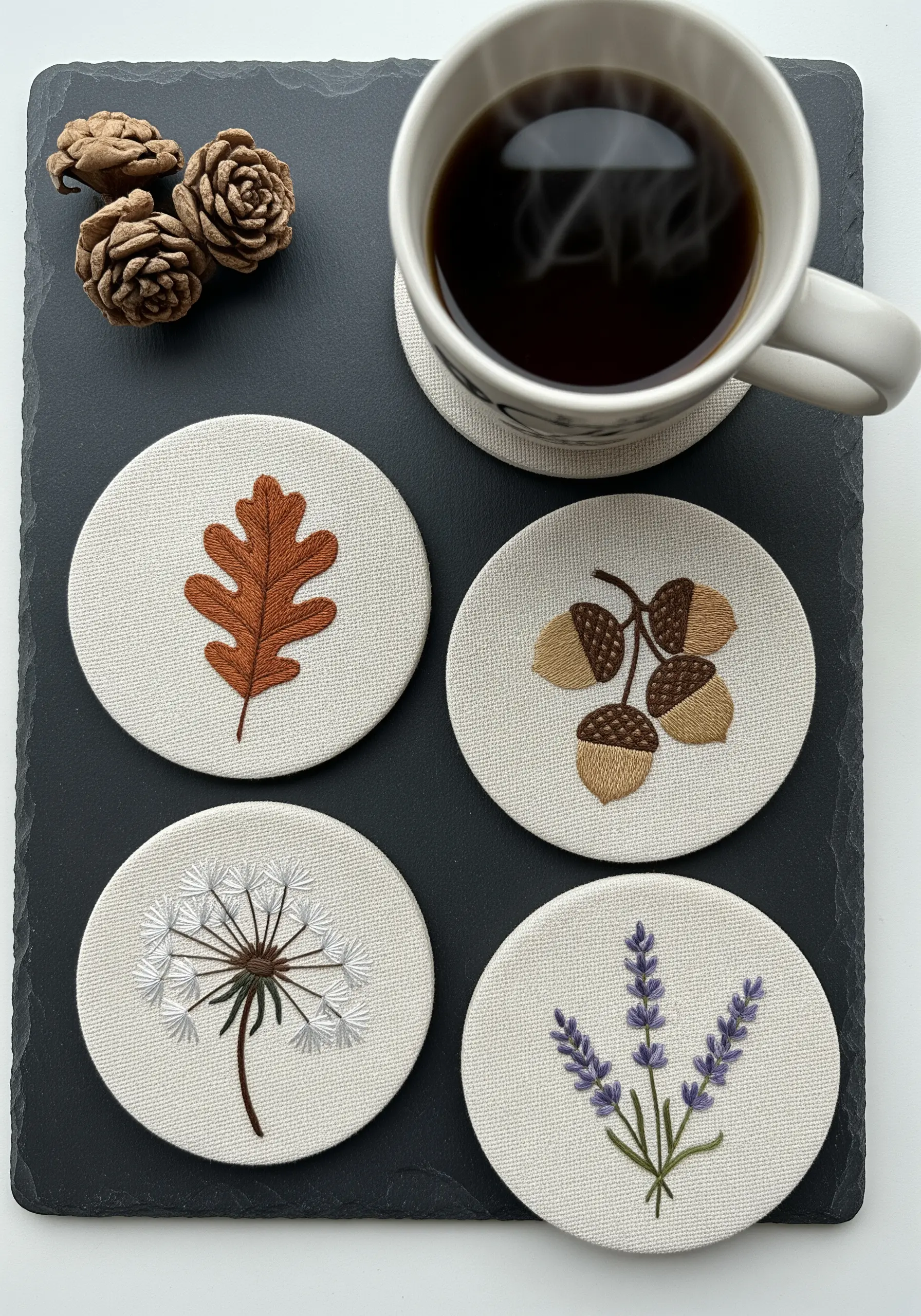 Set of four embroidered coasters with an oak leaf, acorns, a dandelion, and lavender.