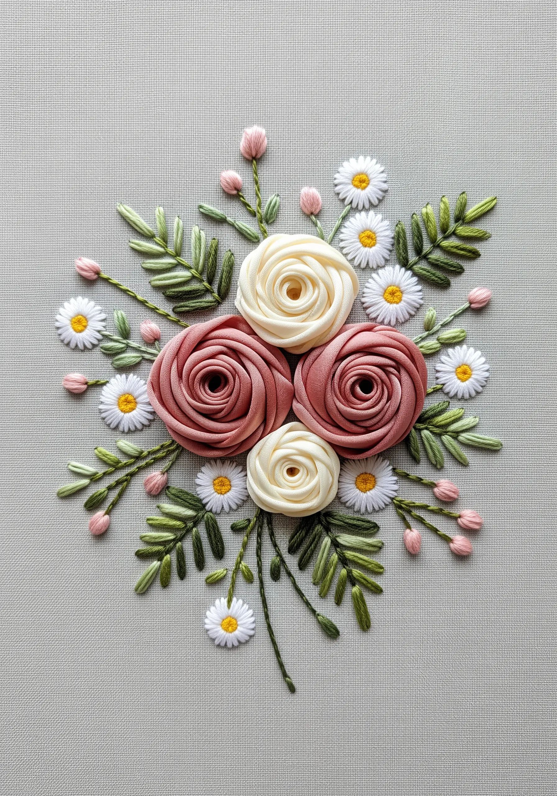 Silk ribbon embroidery featuring pink and cream roses, daisies, and green leaves.