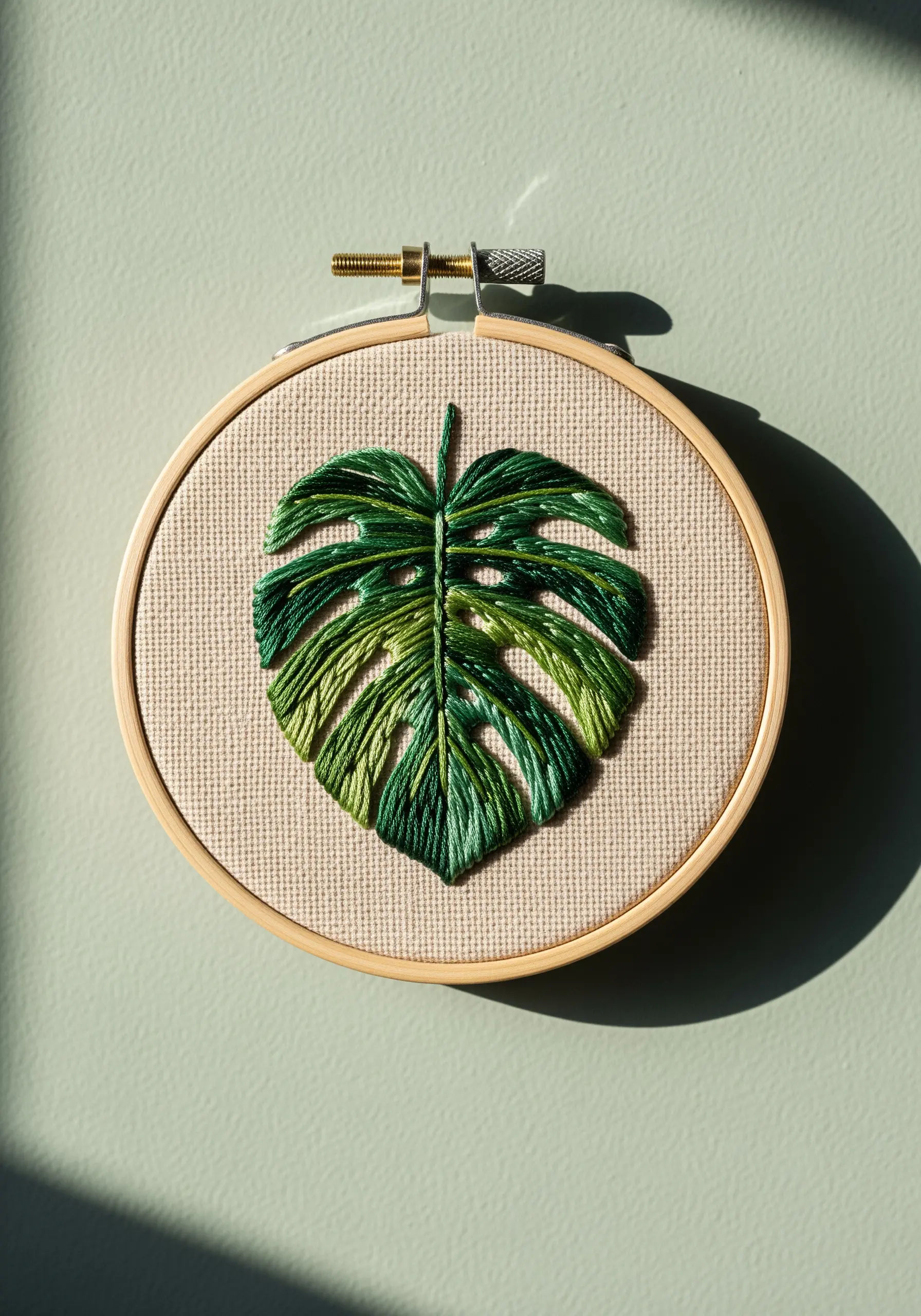 Embroidered monstera leaf with green color gradients and directional satin stitch.