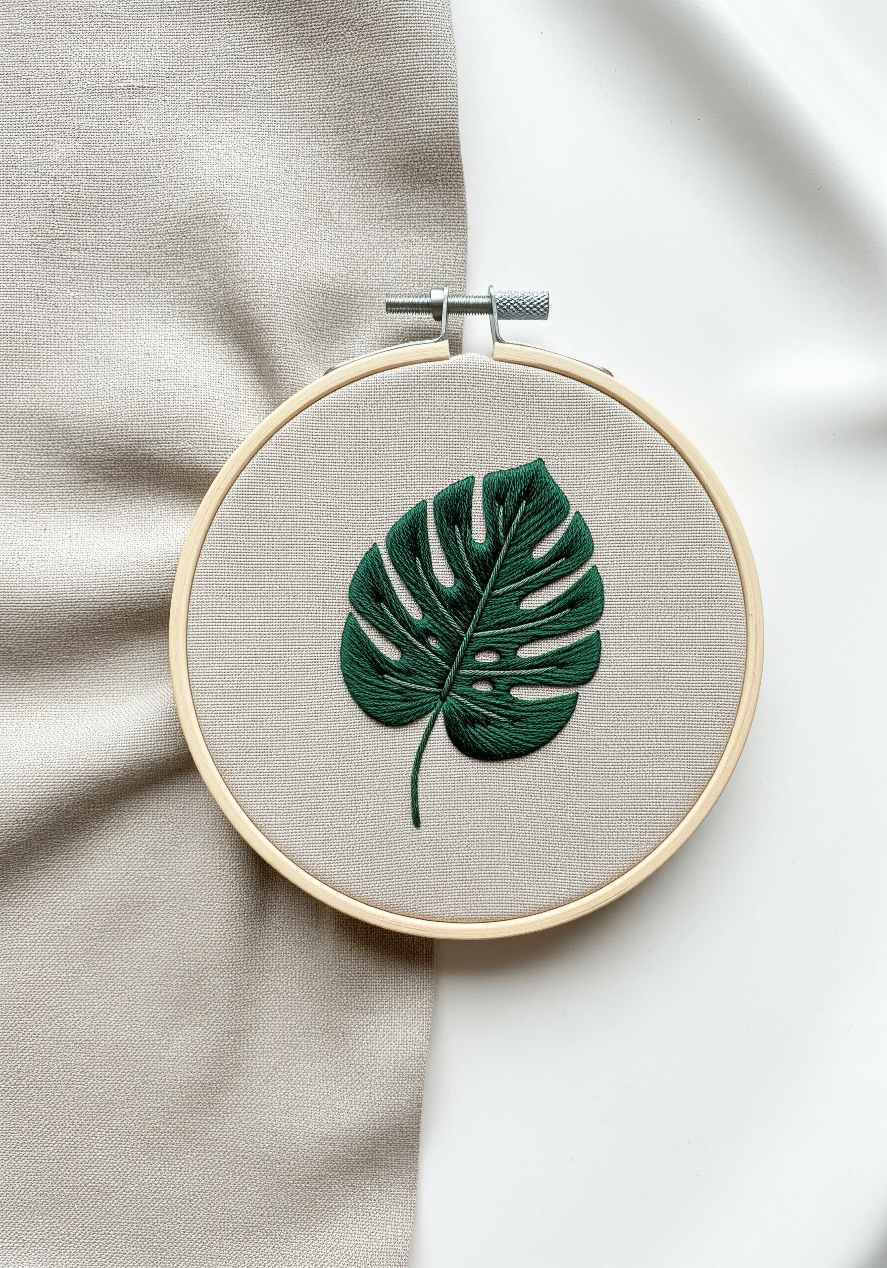 A detailed satin-stitched monstera leaf in a deep green on neutral linen fabric.