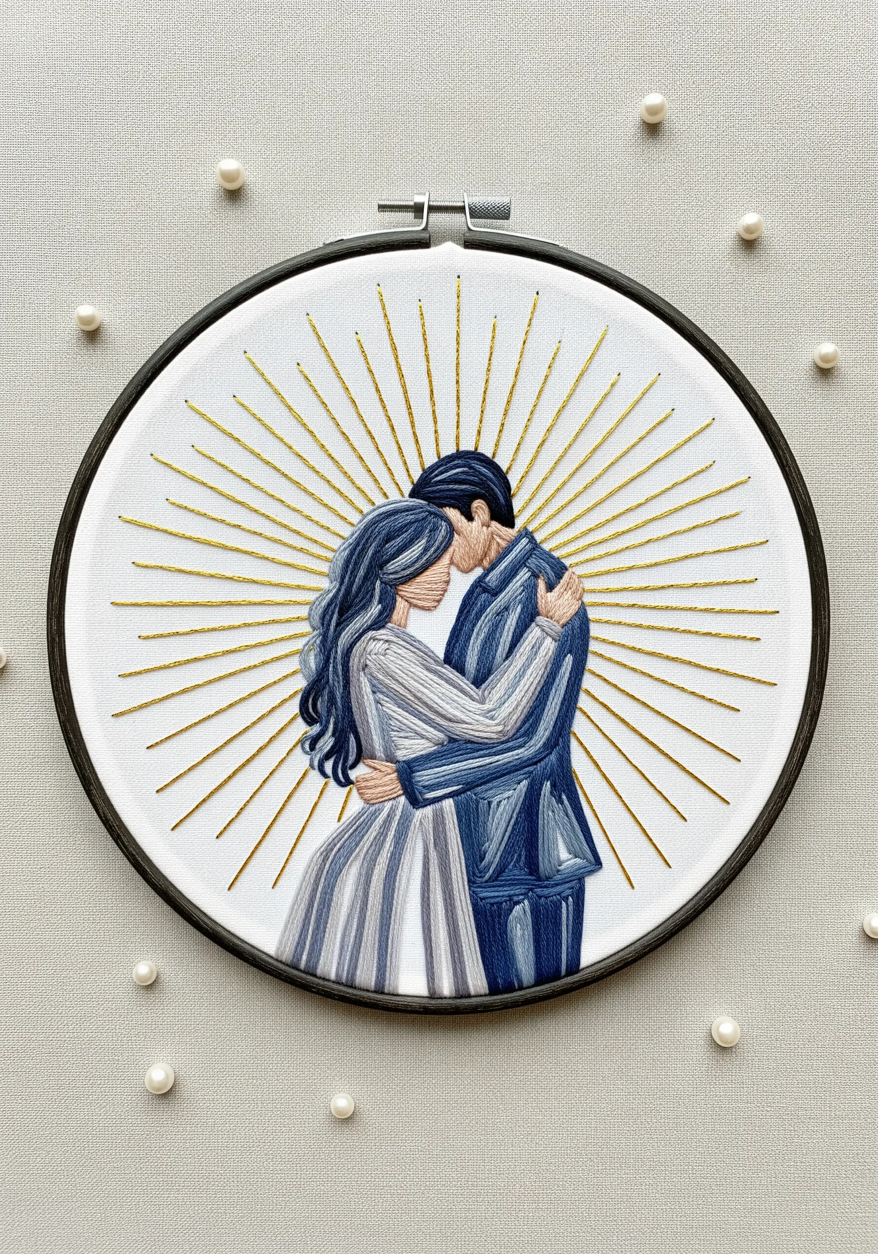 Thread-painted couple embracing, with golden metallic rays radiating outwards.