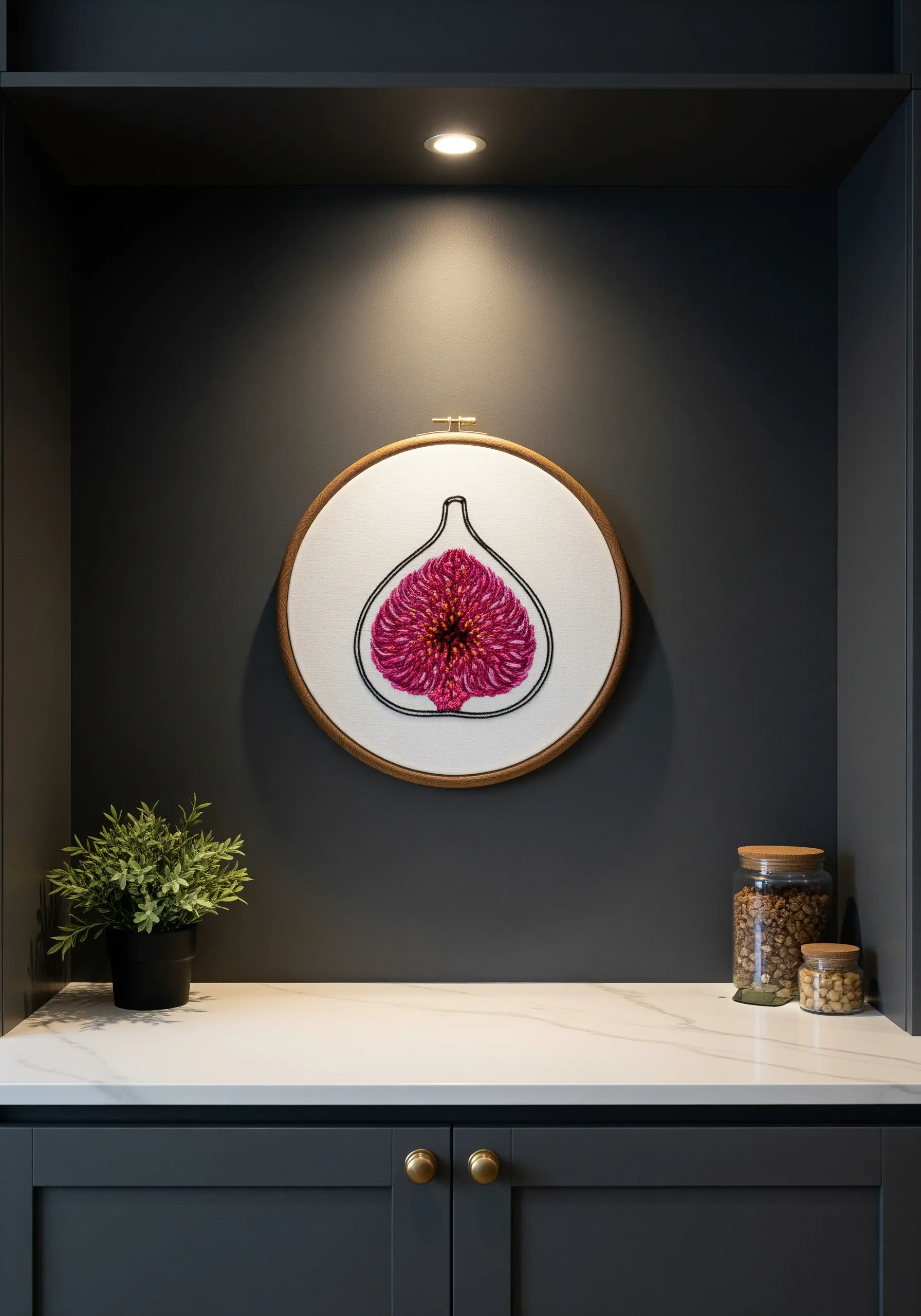 A detailed, vibrant pink fig cross-section embroidered and spotlit against a dark wall.