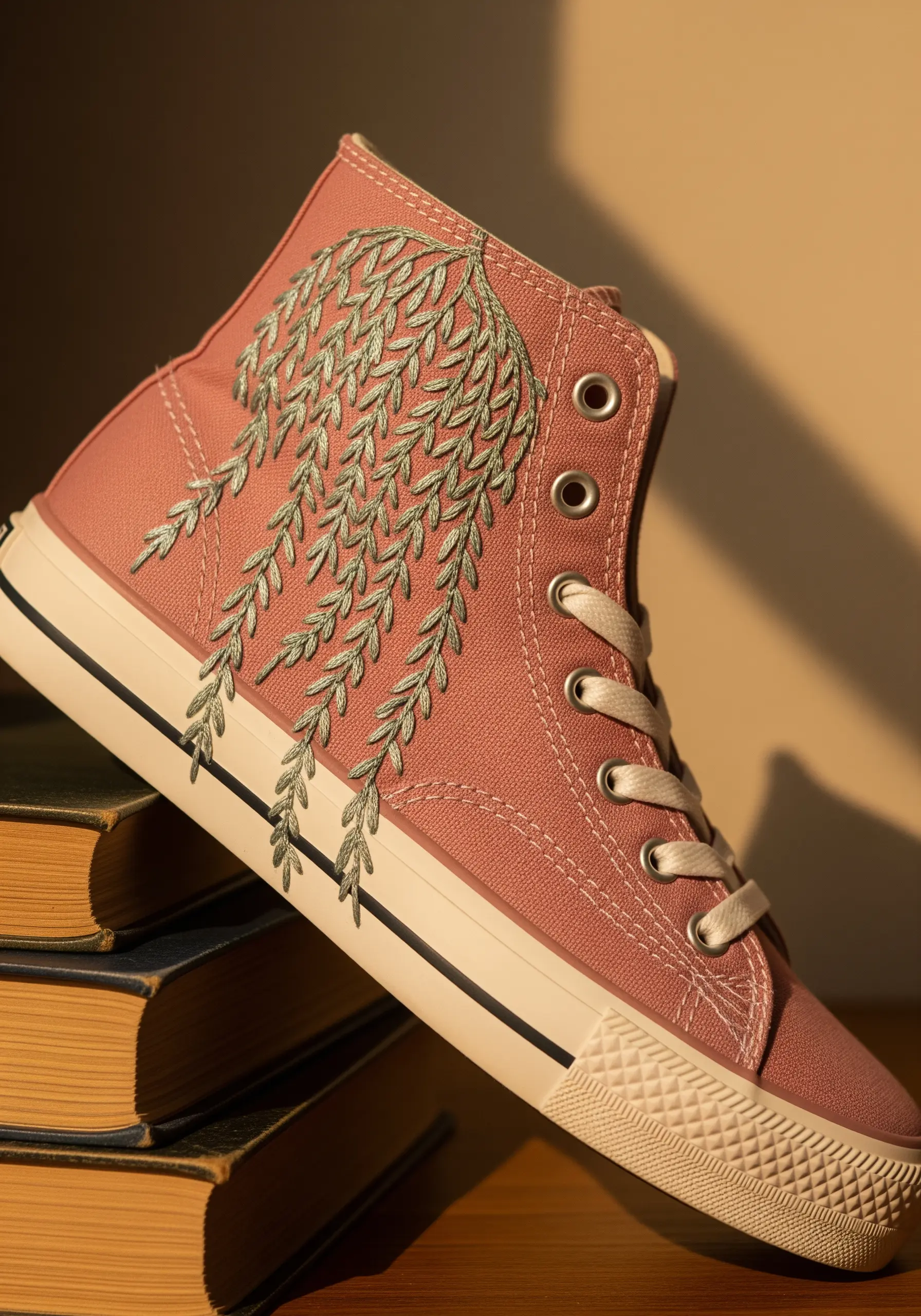 Cascading weeping willow leaves embroidered in green on a dusty pink high-top sneaker.
