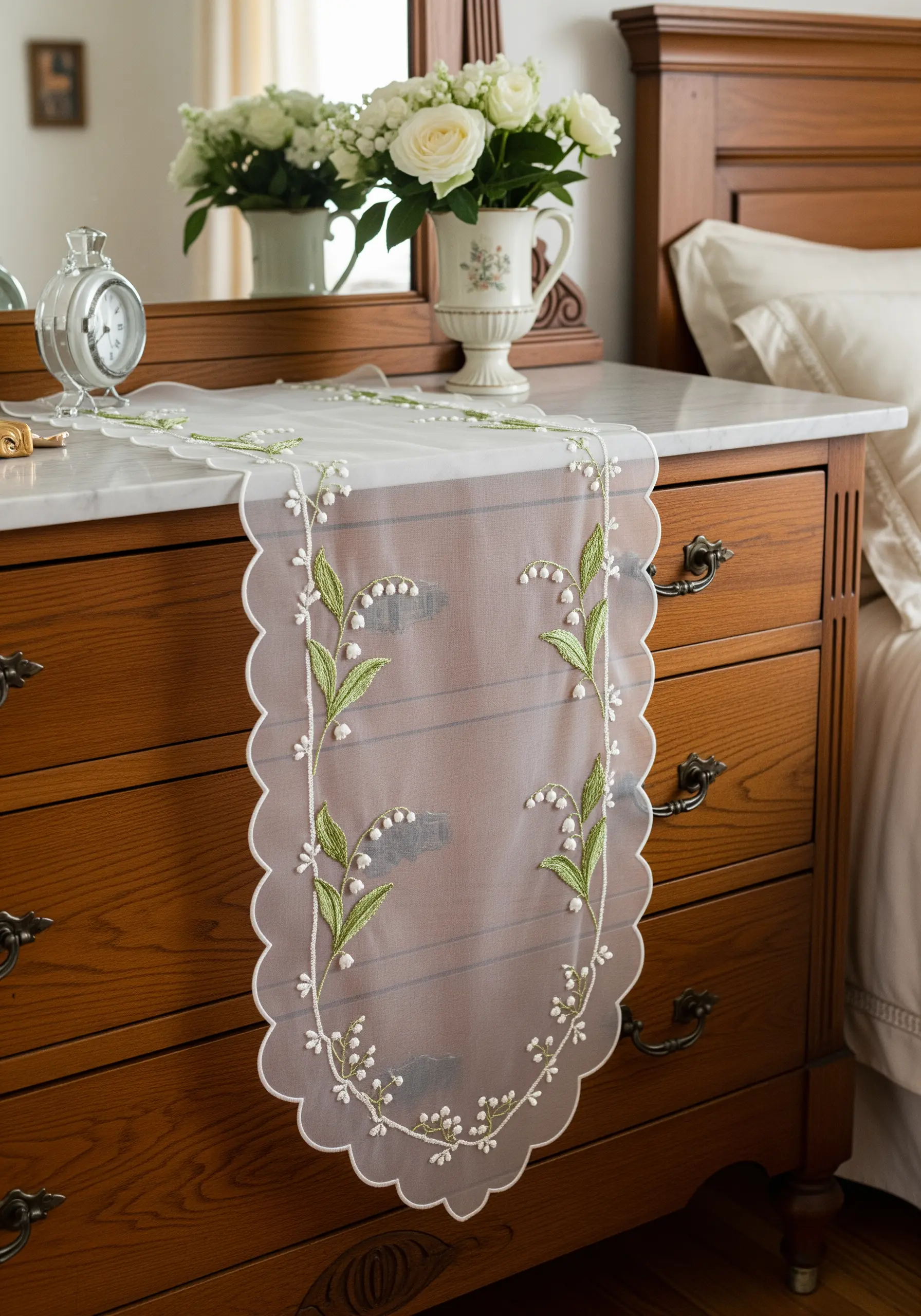 Sheer organza table runner with delicate green vines and white Lily of the Valley flowers.
