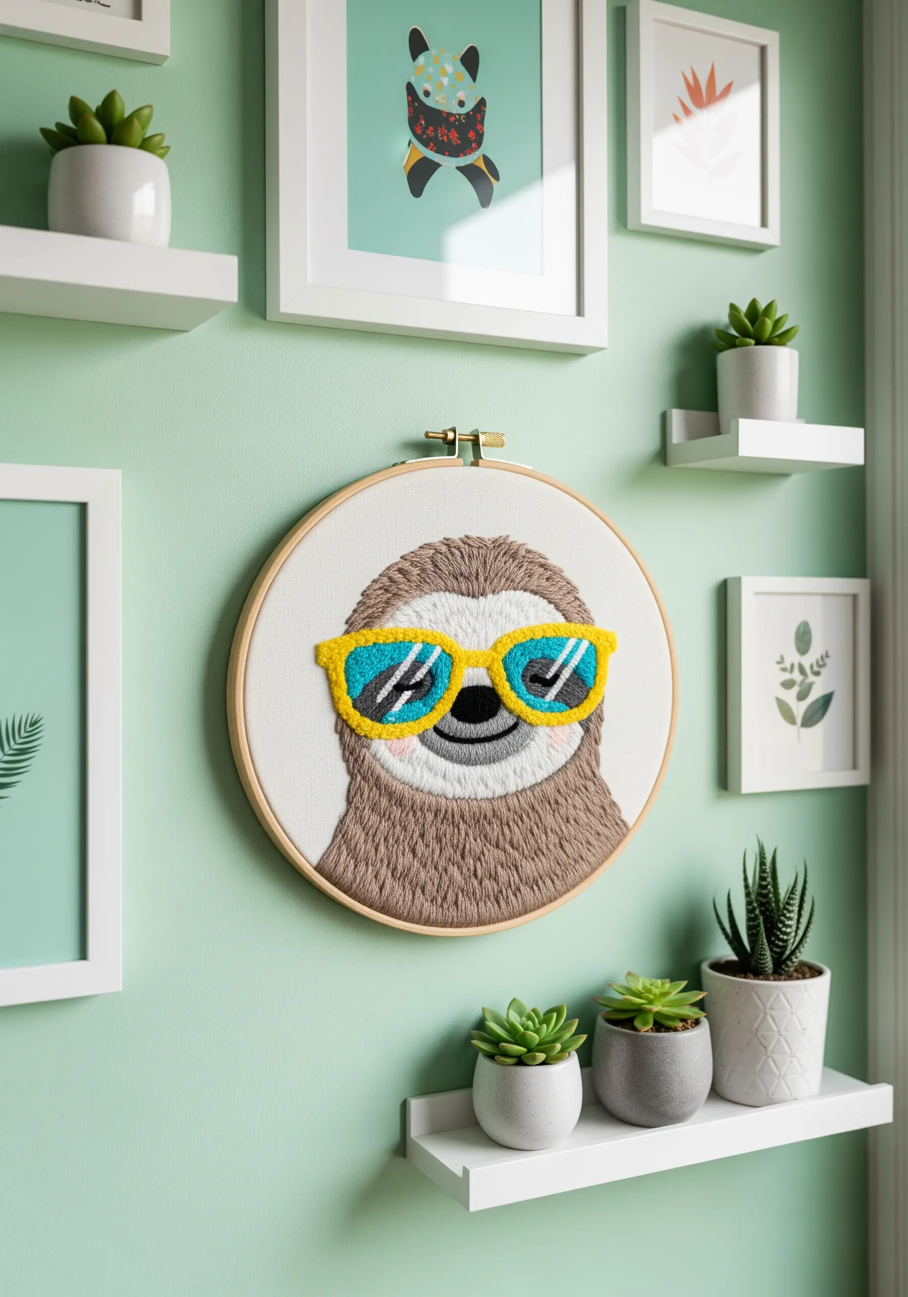 Embroidered sloth with fluffy yellow sunglasses in a wooden hoop on a mint green wall.