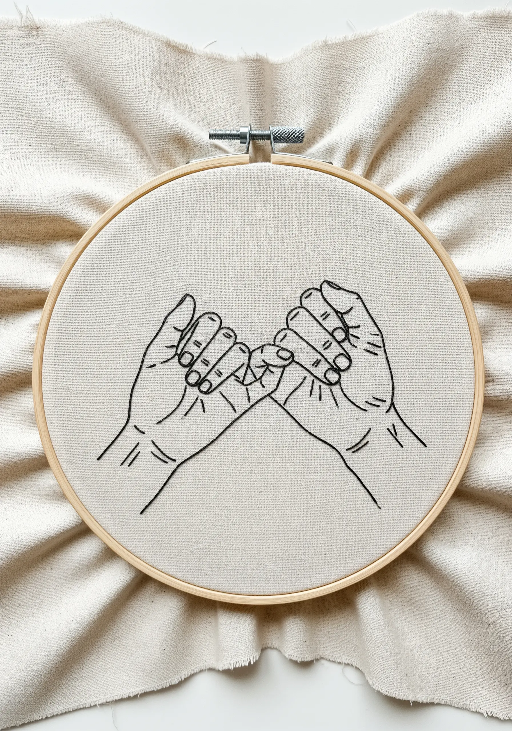 A minimal line art embroidery of two hands making a pinky promise.