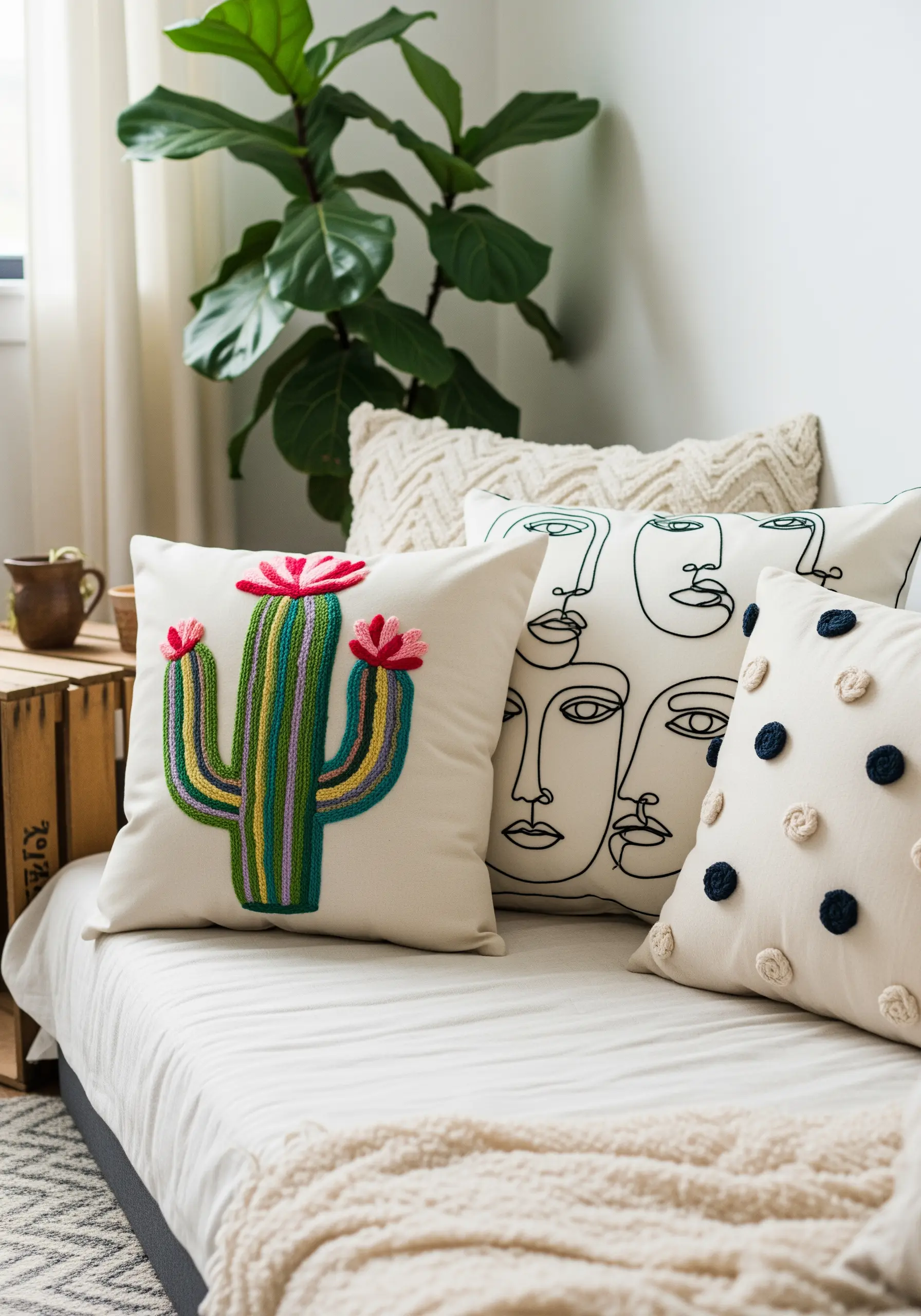 A collection of pillows on a sofa, one with a stitched cactus and another with abstract line art faces.