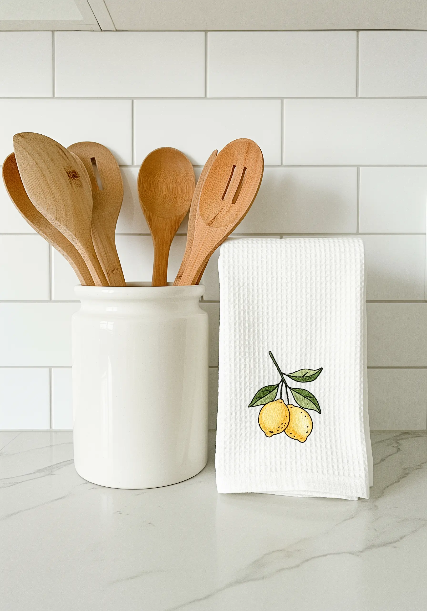 A white waffle-weave kitchen towel embroidered with a bright, realistic lemon branch.