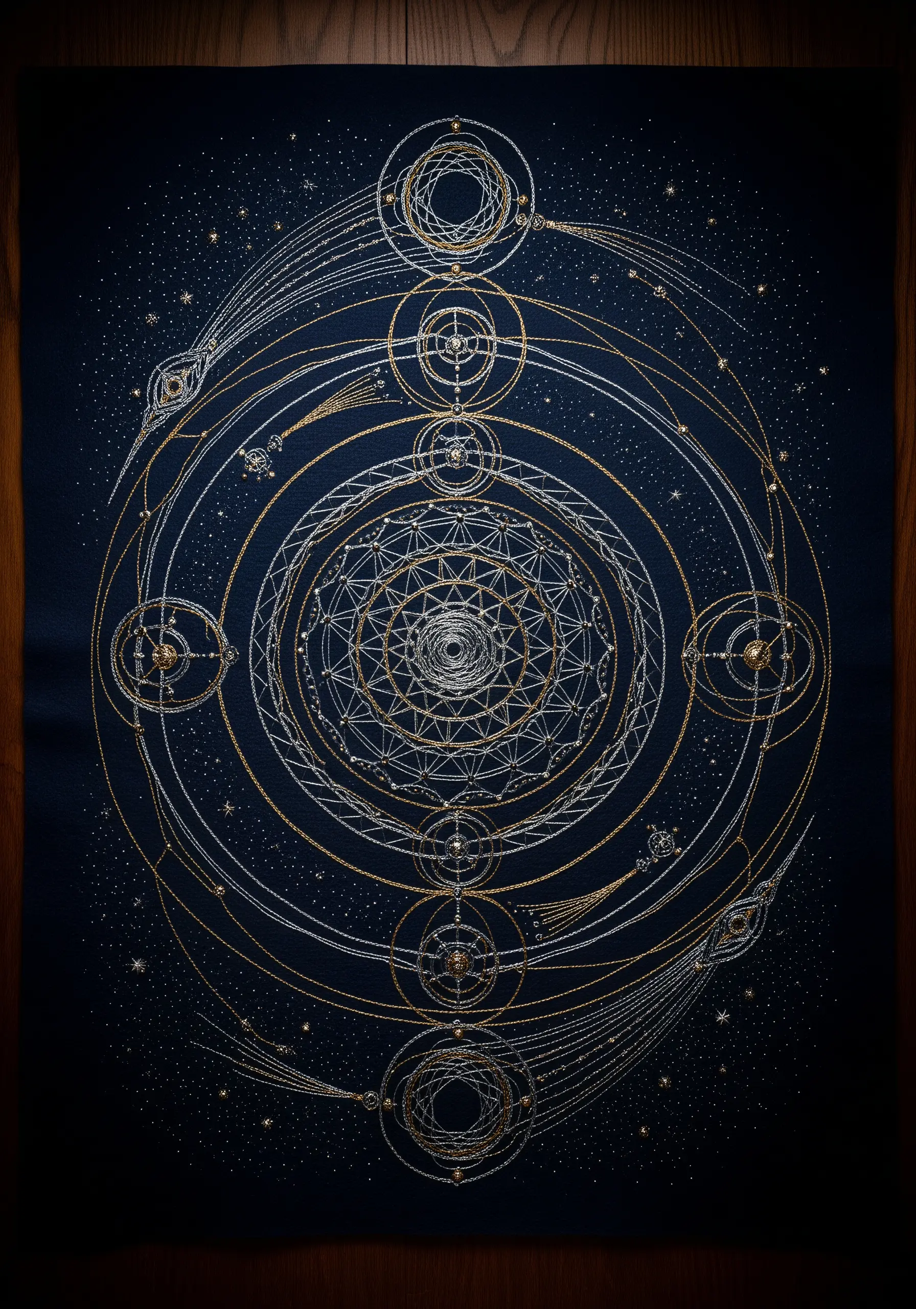 Intricate celestial map mandala embroidered in gold and silver thread on dark fabric.