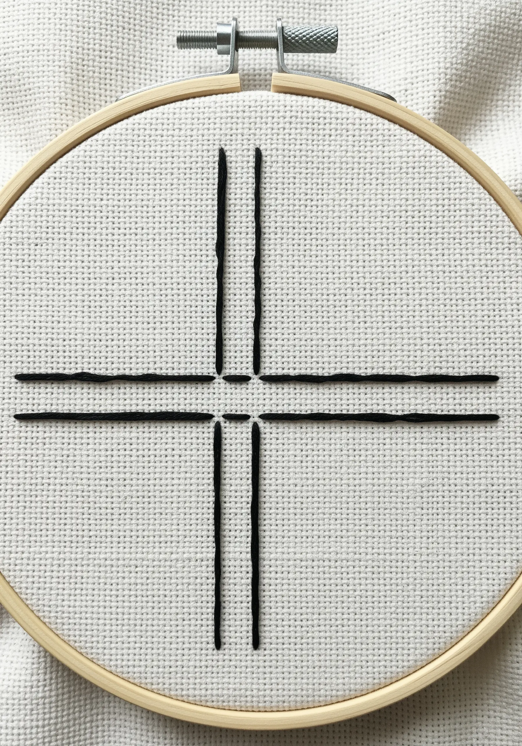 Four perfectly straight black satin stitch lines forming a cross on white fabric.