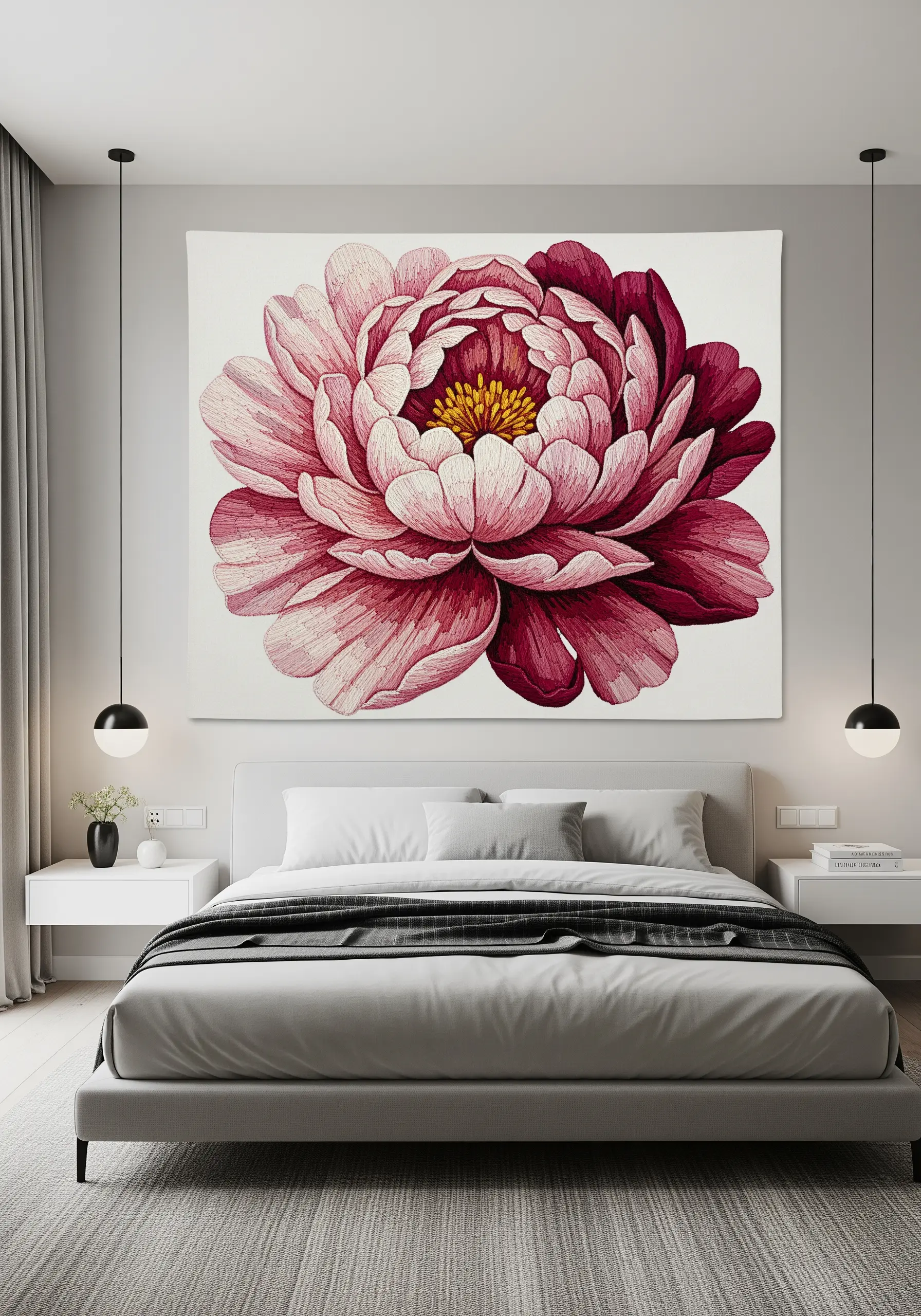 A large-scale wall hanging featuring a thread-painted peony with realistic pink and magenta gradients.