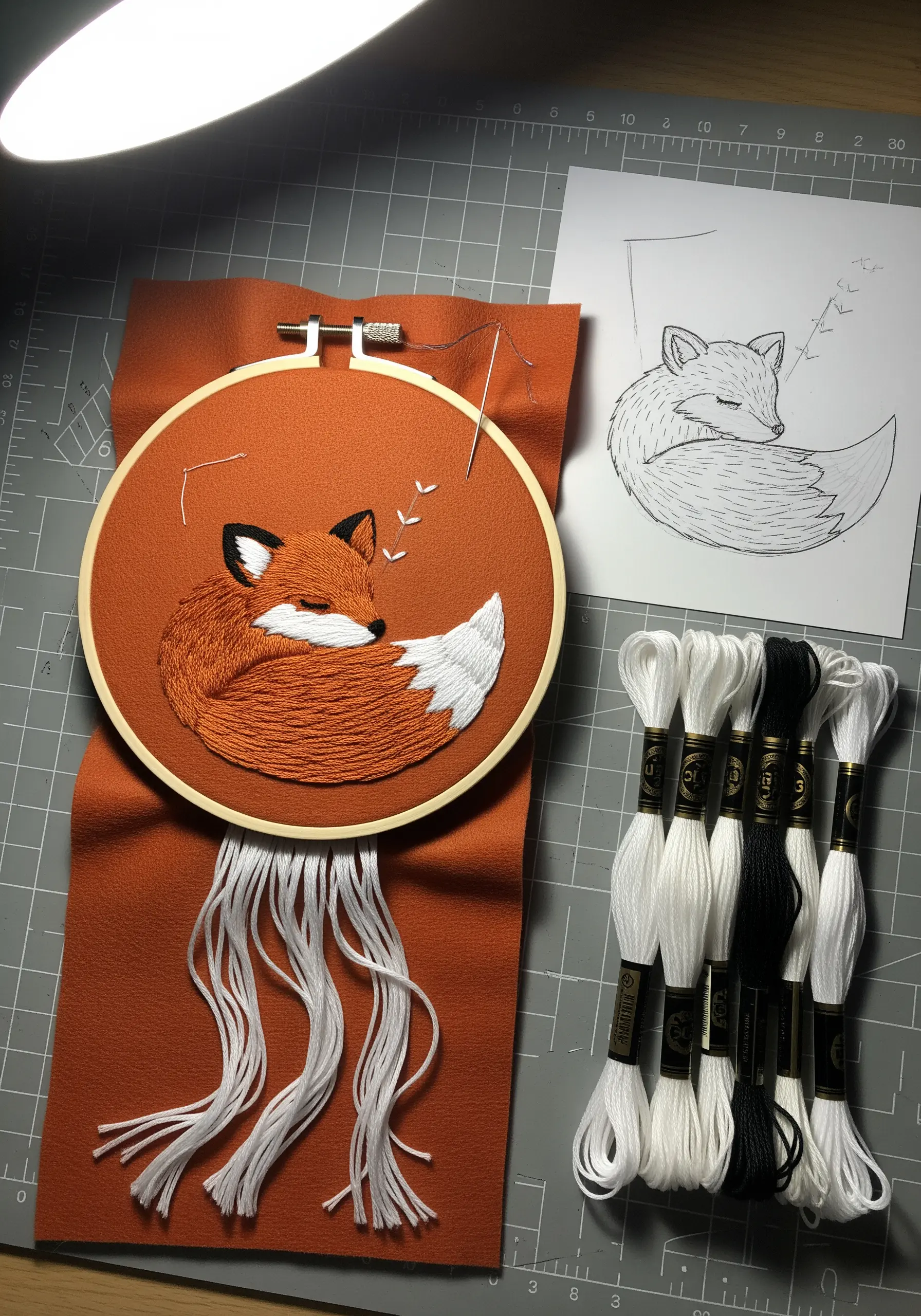Thread-painted sleeping fox with blended orange and white fur, stitched in an embroidery hoop.
