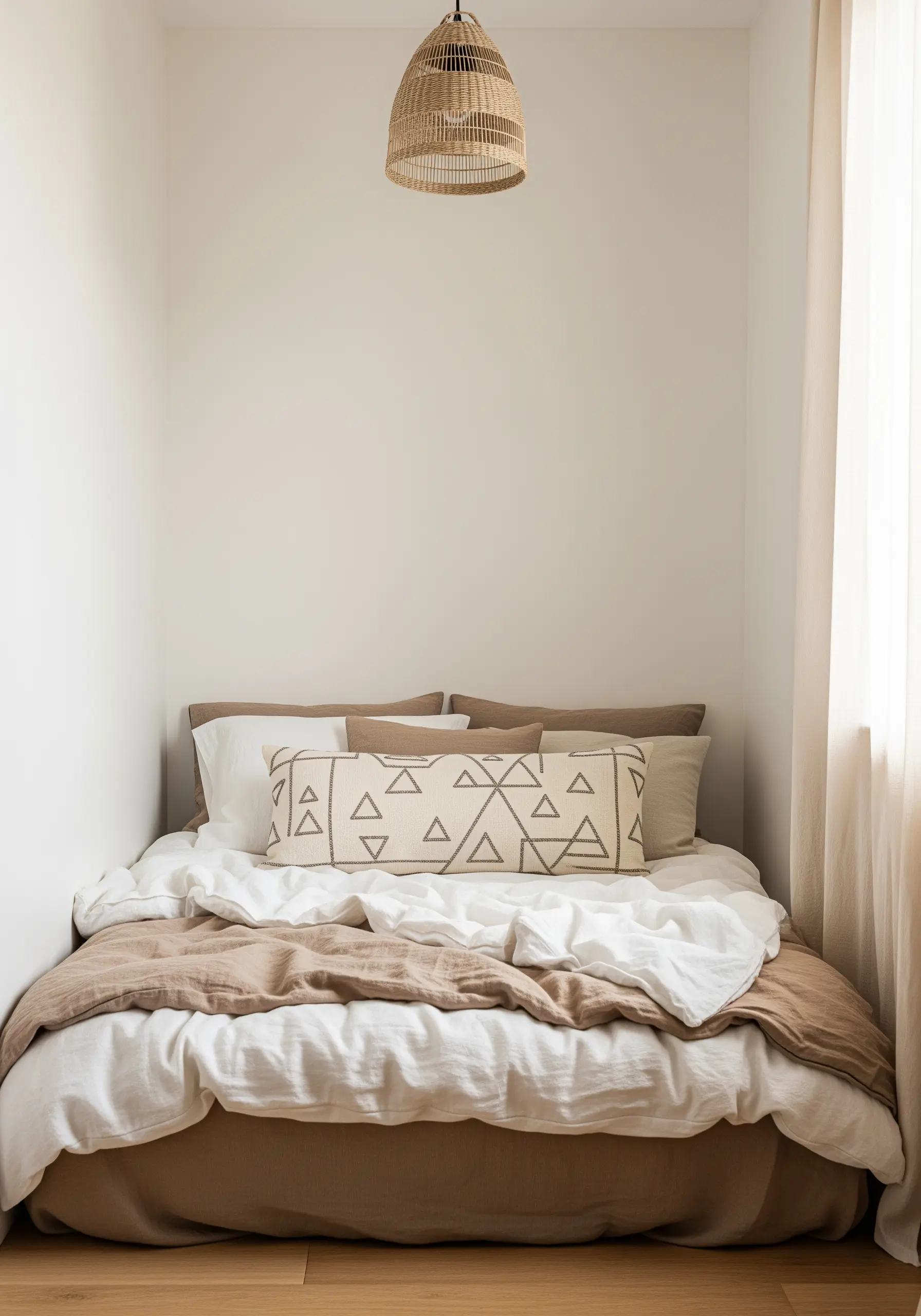 Geometric triangle and line pattern embroidered on a long neutral lumbar pillow