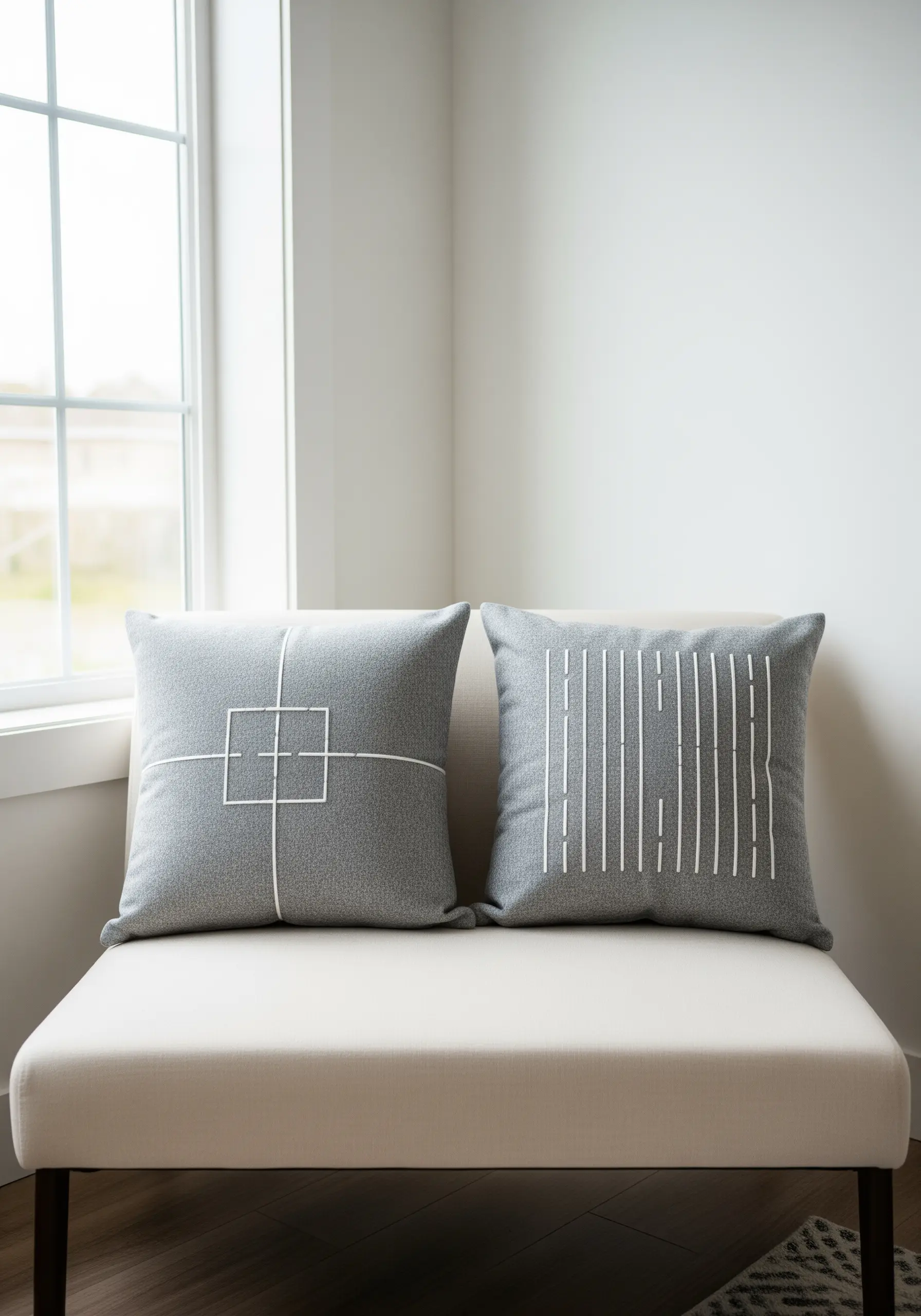 Two grey cushions with precise white geometric line embroidery—one with squares, one with vertical lines.